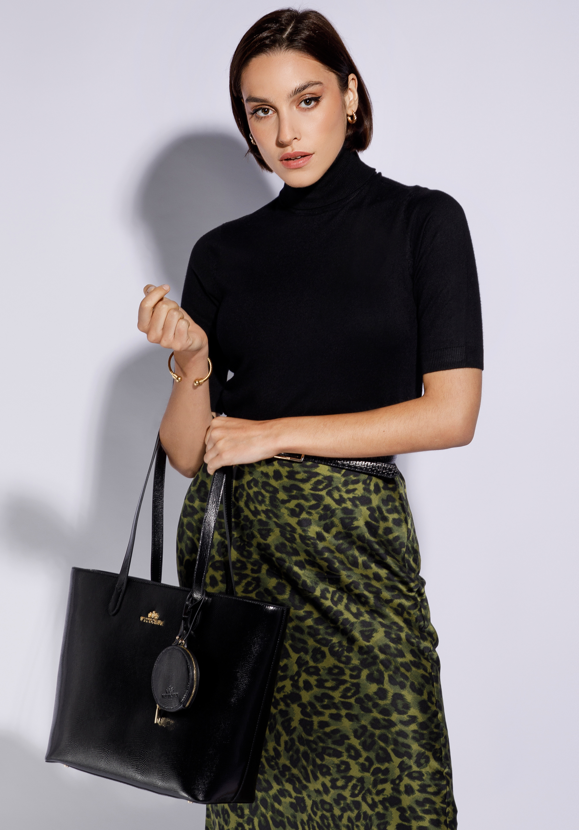 Shoppertasche aus Leder mit exotischer Textur mit Etui und Schlüsselring, schwarz, 95-4E-612-1L, Bild 1