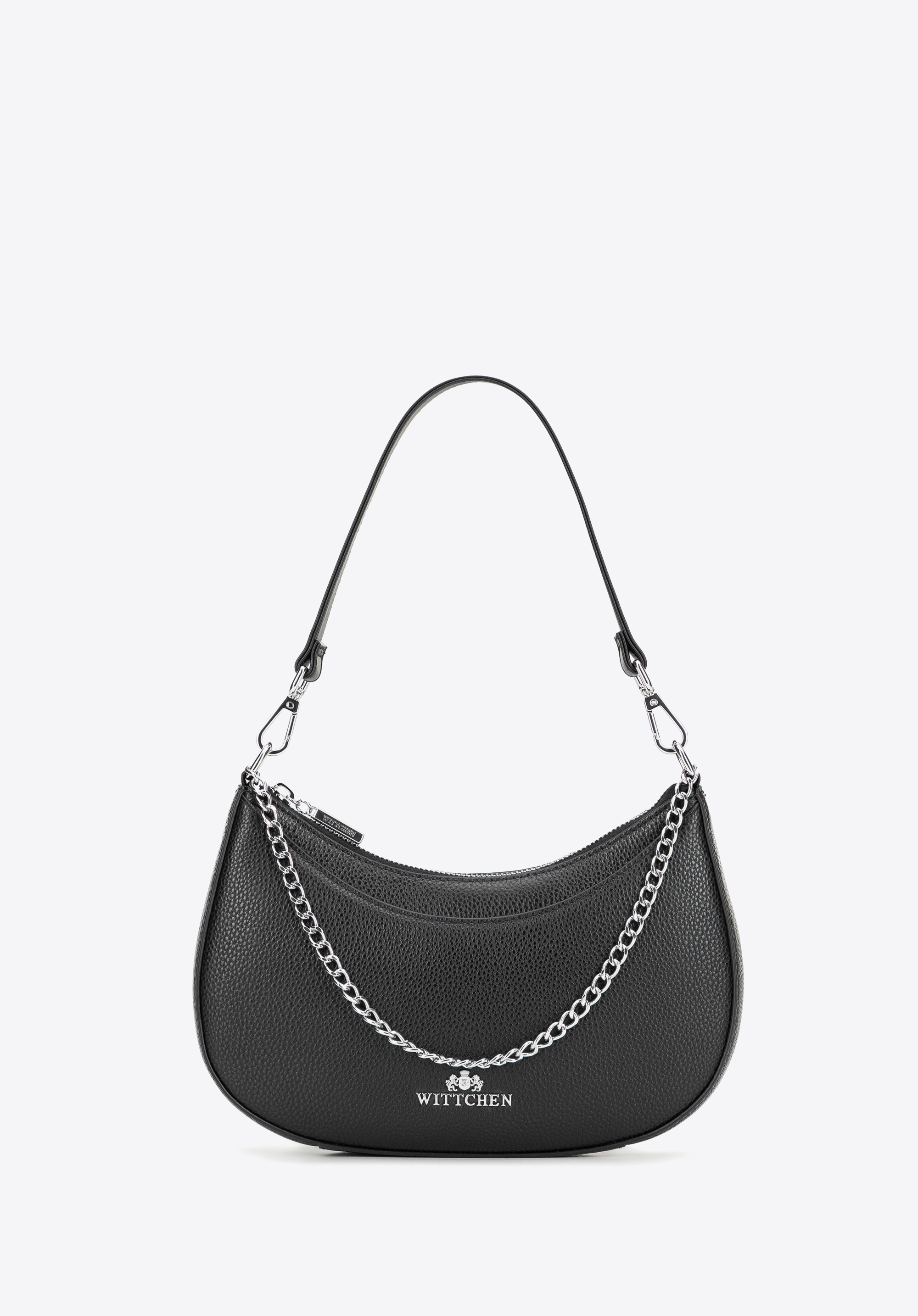 Baguette-Tasche aus Leder für Damen mit schmuckinspirierten Details, schwarz-silber, 102-4E-660-1S, Bild 1
