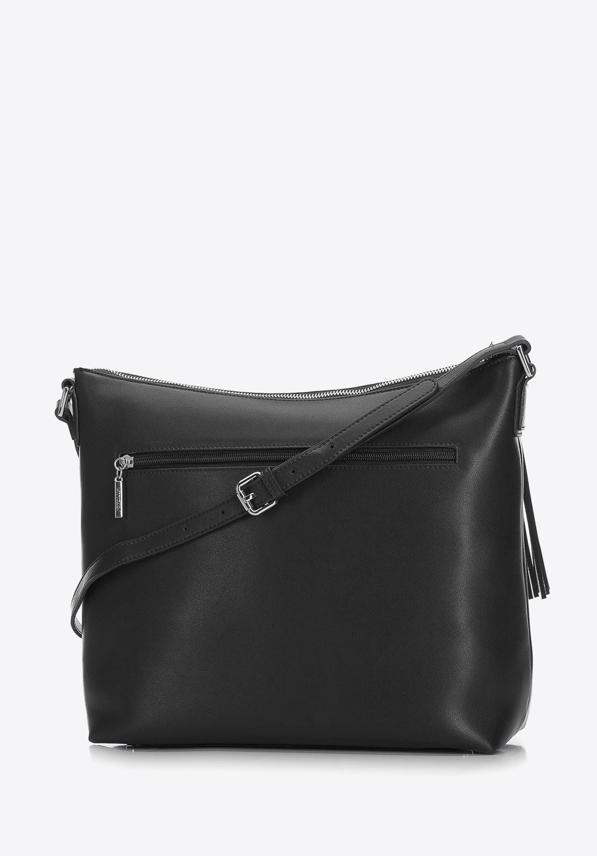 BEUTELTASCHE AUS ECHTLEDER MIT QUASTENANHÄNGER, schwarz-silber, 29-4E-008-10, Bild 1