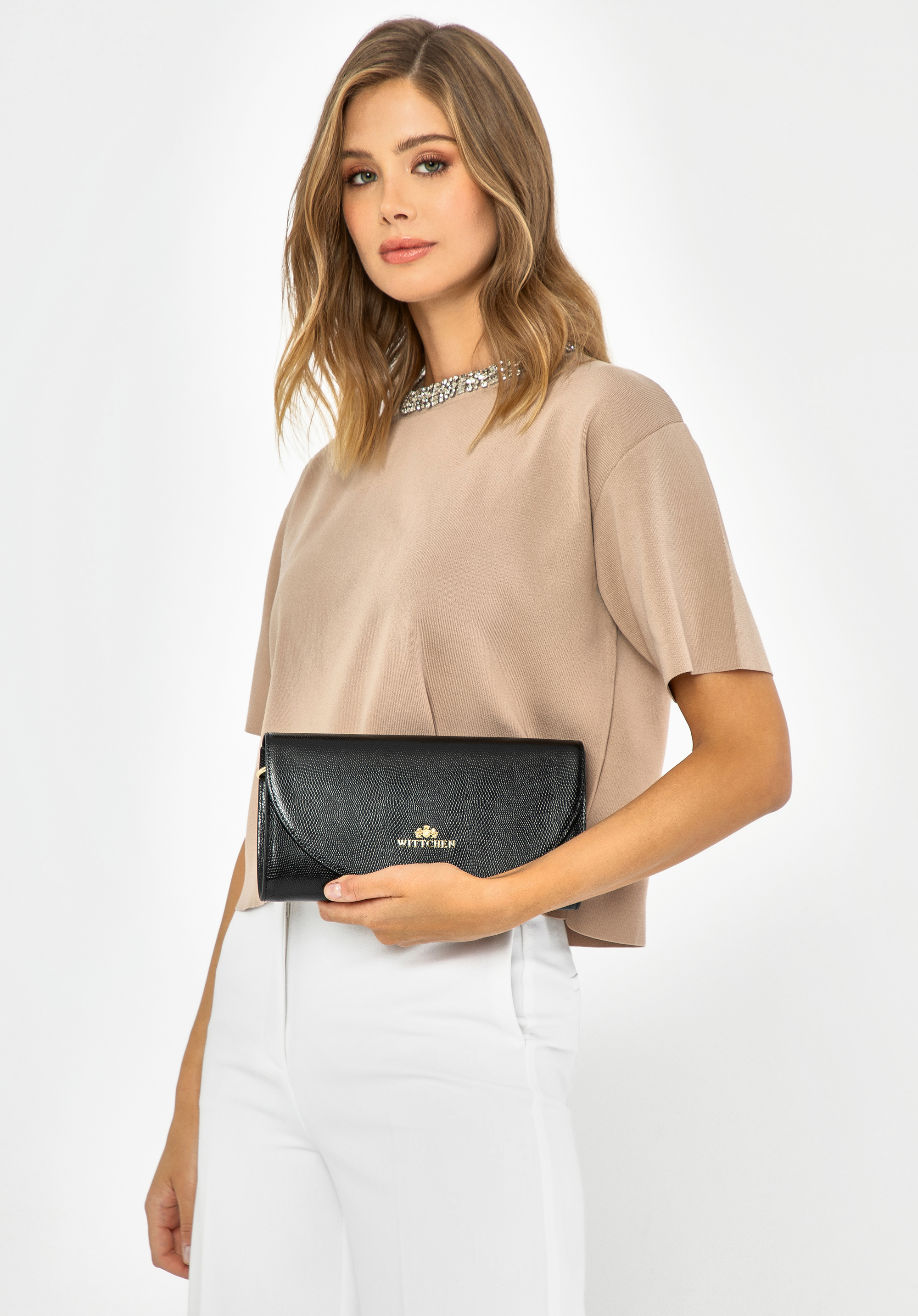 Damen Clutch aus Leder in Eidechsenoptik, schwarz-silber, 99-4E-630-1S, Bild 1
