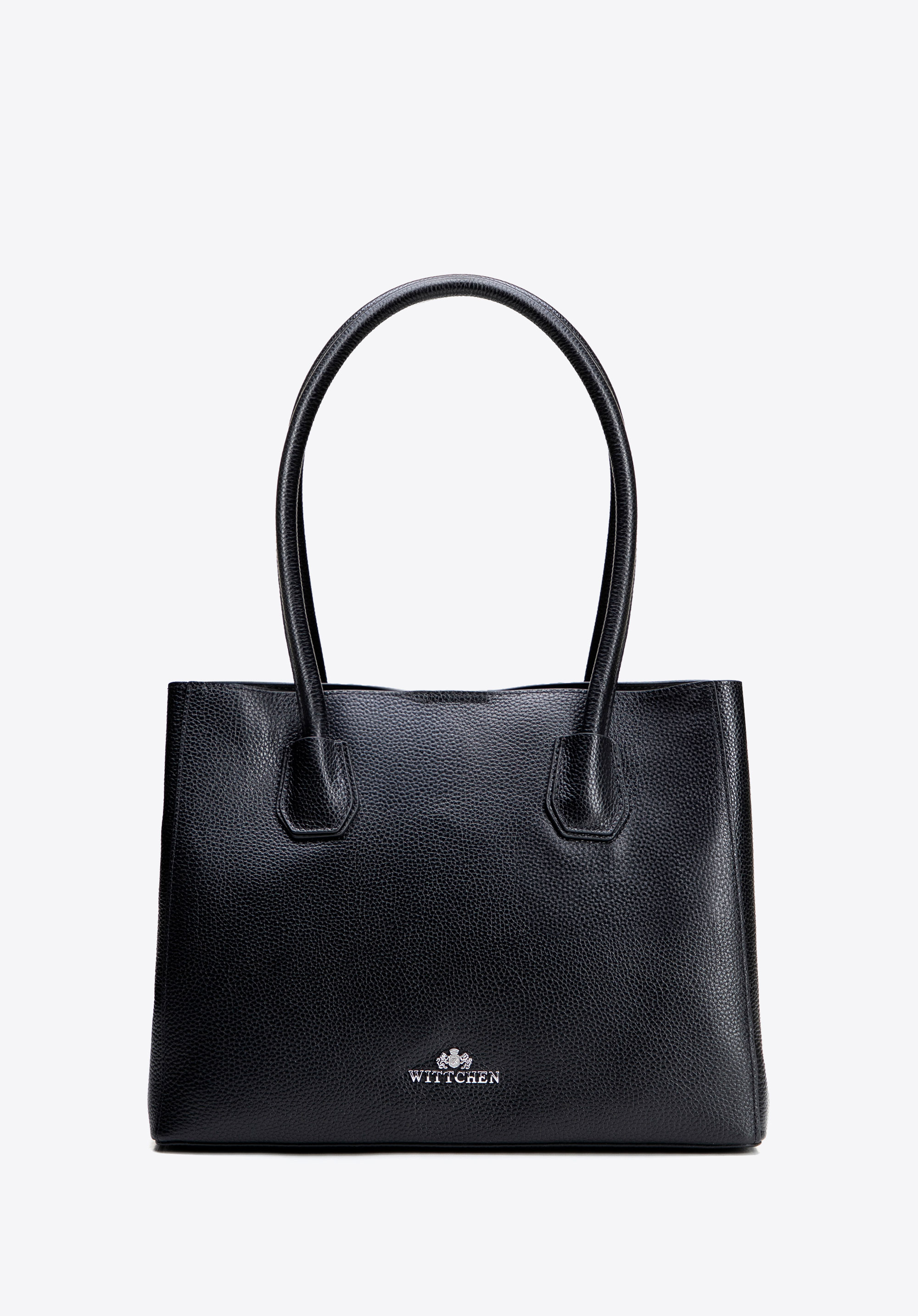 Damen-Einkaufstasche aus Leder mit drei Fächern, schwarz-silber, 100-4E-617-1S, Bild 1