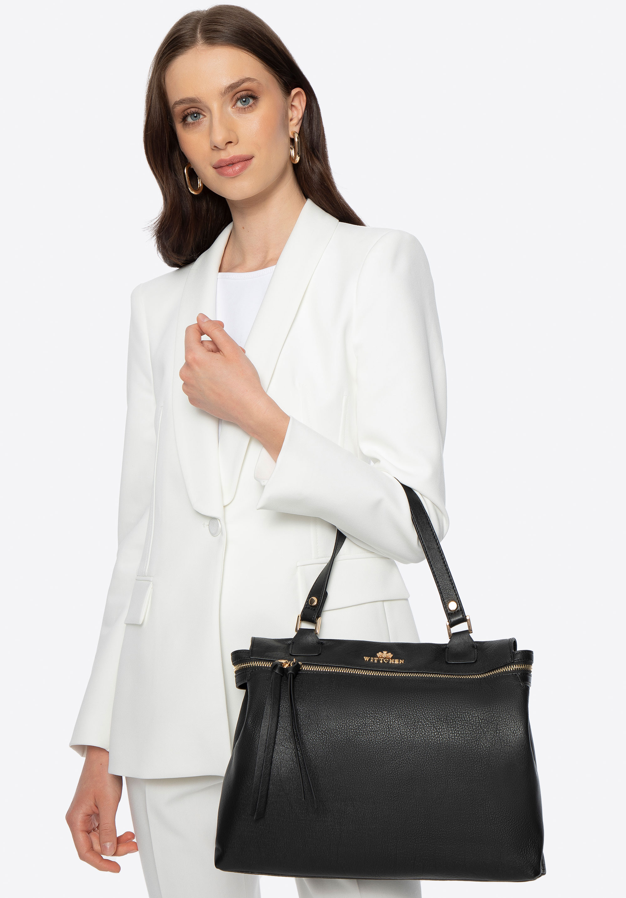 Damen Leder Shopper Tasche, schwarz-gold, 100-4E-800-1S, Bild 1