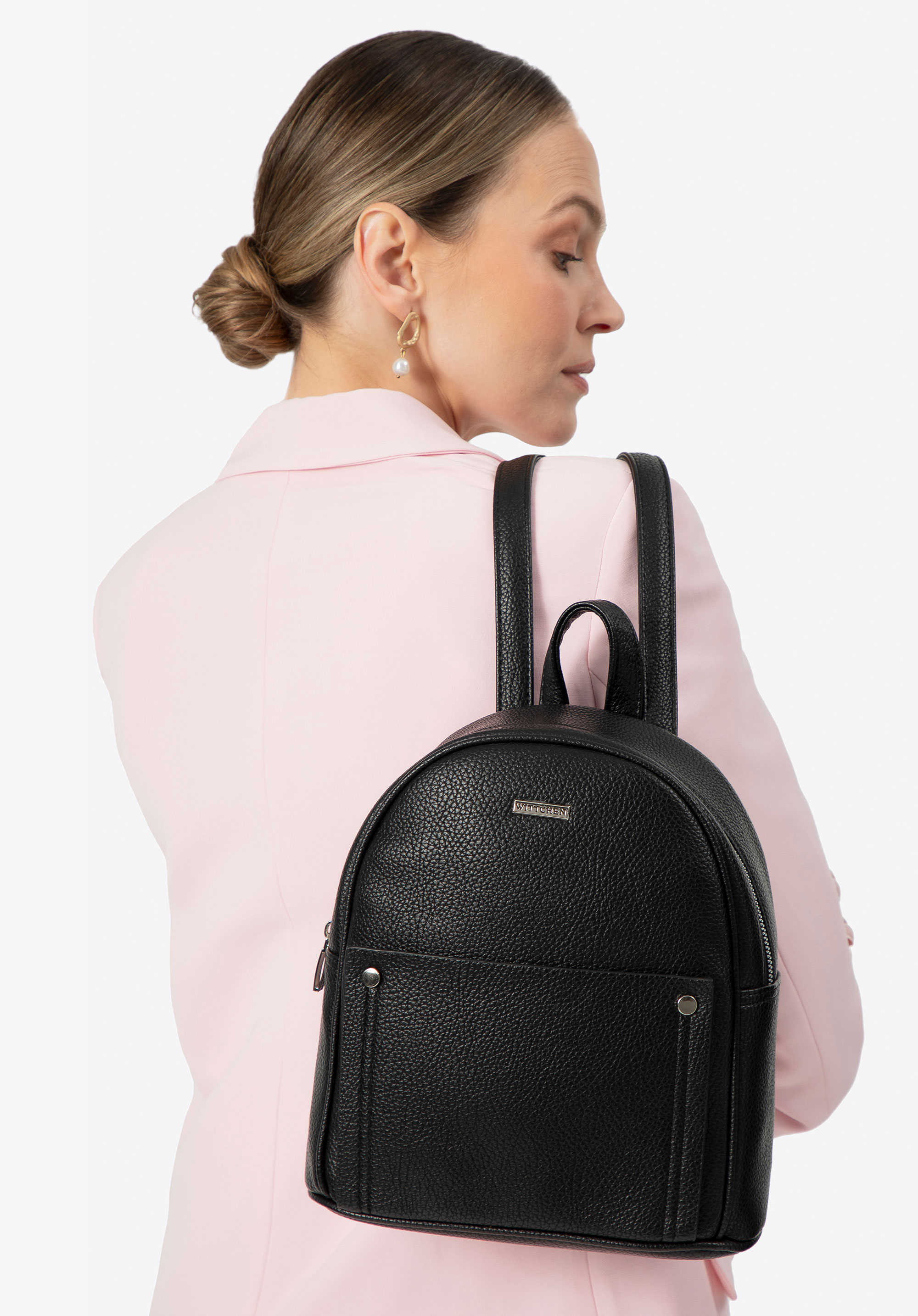 Damen-Rucksack aus Ökoleder mit Nieten, schwarz-silber, 29-4Y-603-1S, Bild 1