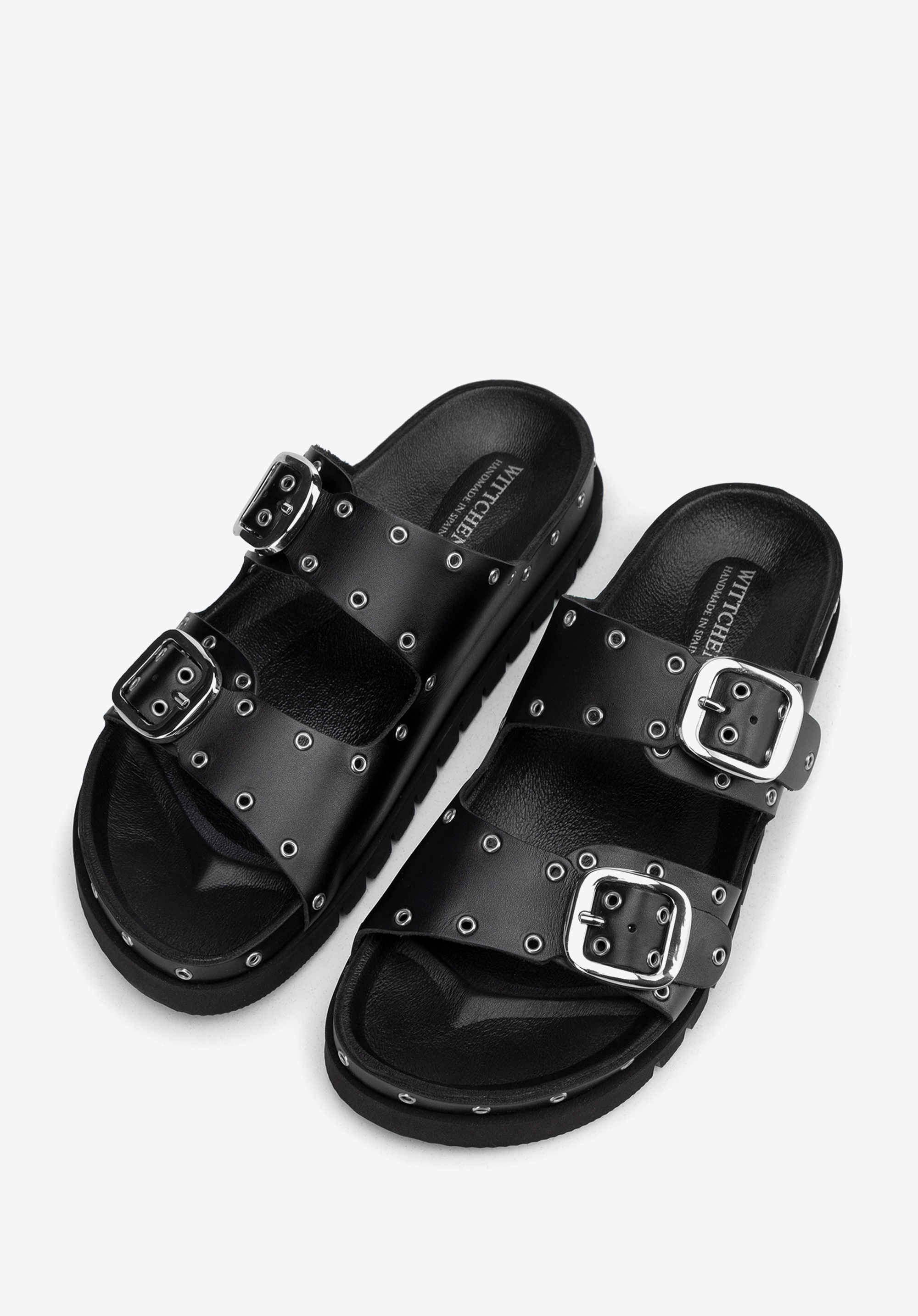 Damen-Sandalen mit Nieten zum Reinschlüpfen, schwarz-silber, 100-D-550-1S-37, Bild 1