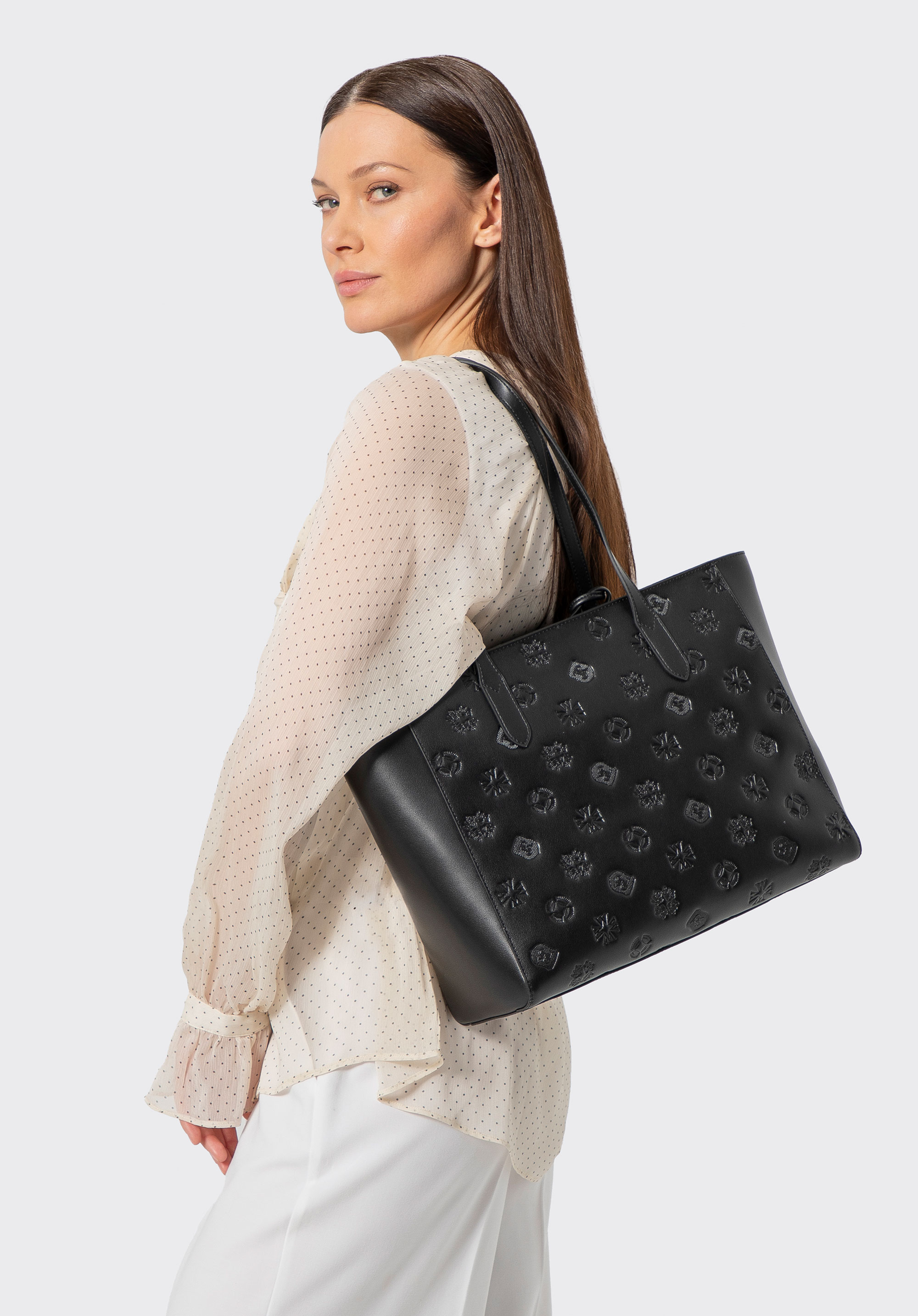 Damen Shopper aus geprägtem Leder, schwarz-silber, 100-4E-611-1S, Bild 1