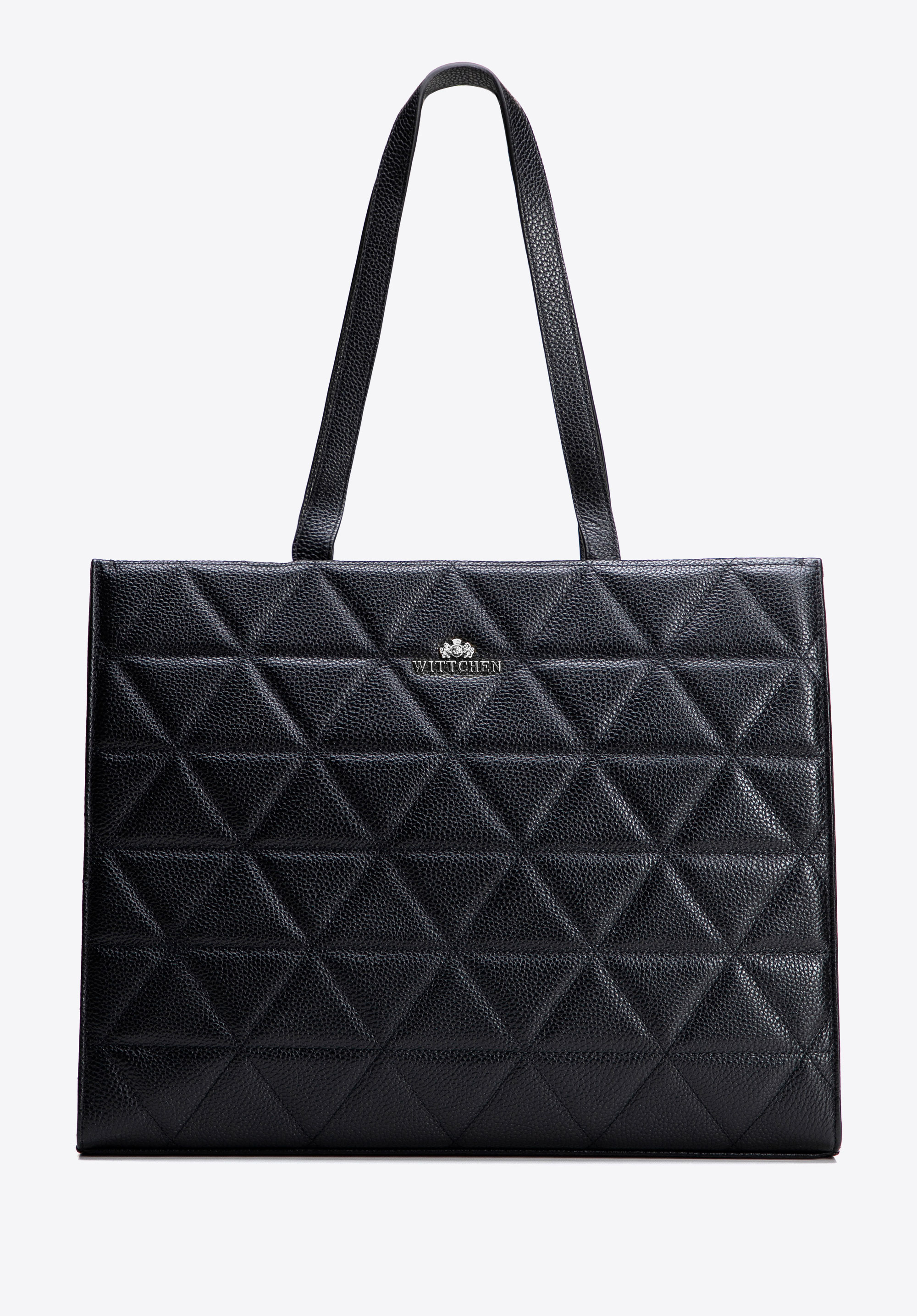 Damen Shopper aus gestepptem Leder, schwarz-silber, 100-4E-613-1S, Bild 1