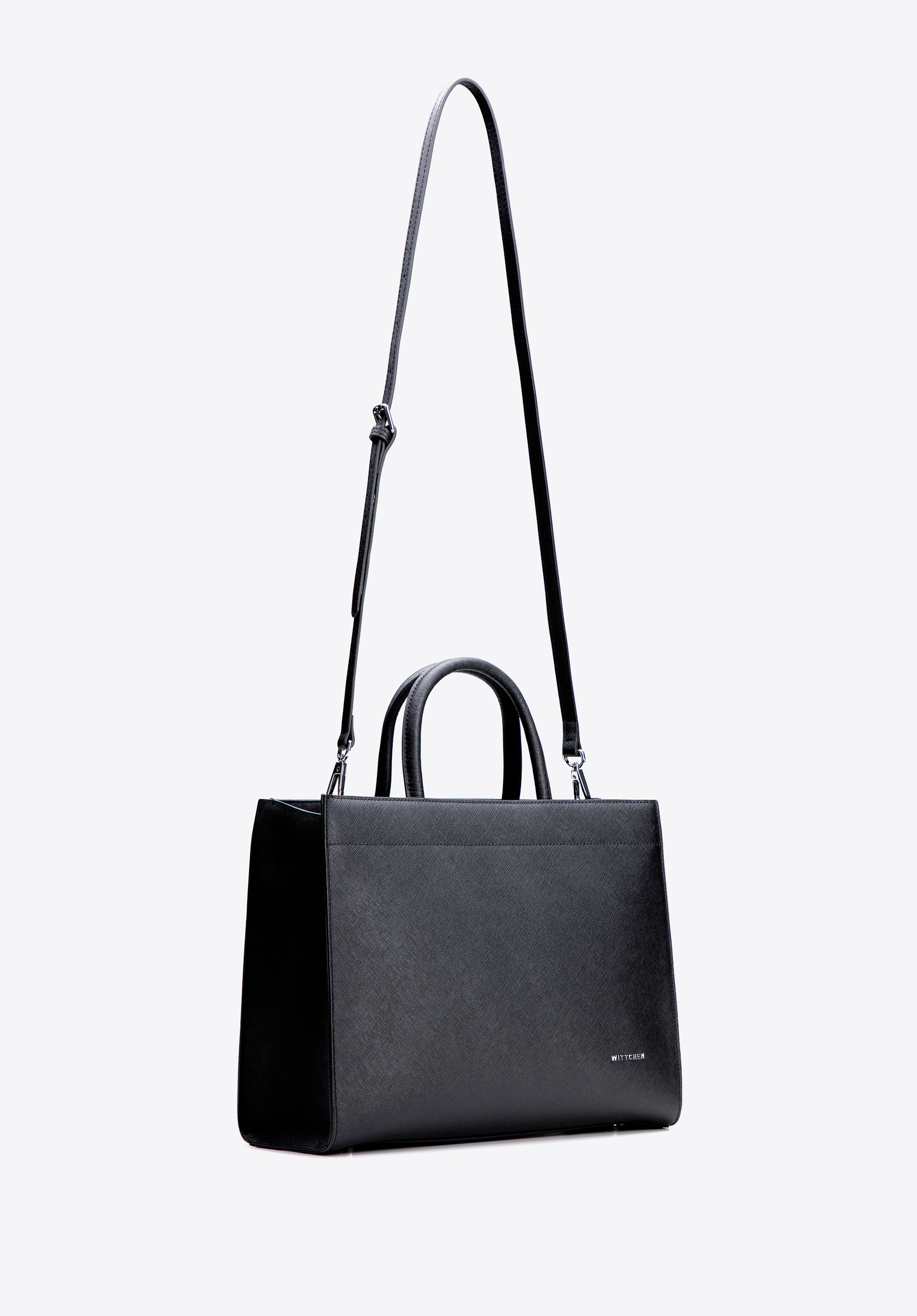 Damen-Shopper aus Saffiano-Leder, schwarz-silber, 100-4E-619-1S, Bild 1