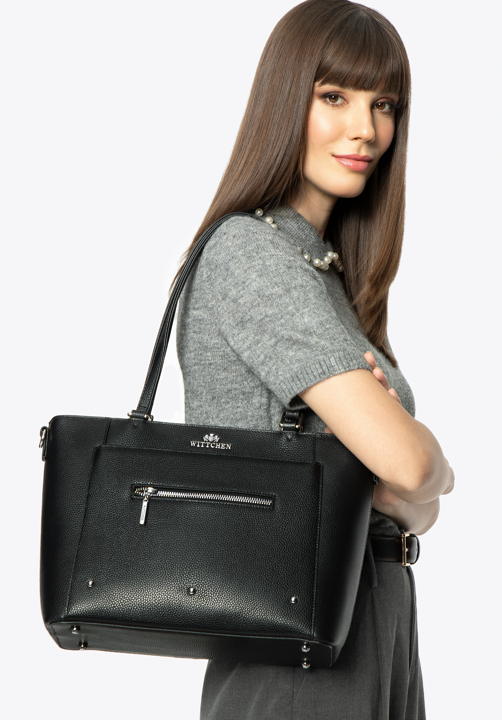 Damen-Shoppertasche aus Leder mit Taschen, schwarz-silber, 100-4E-607-1S, Bild 1