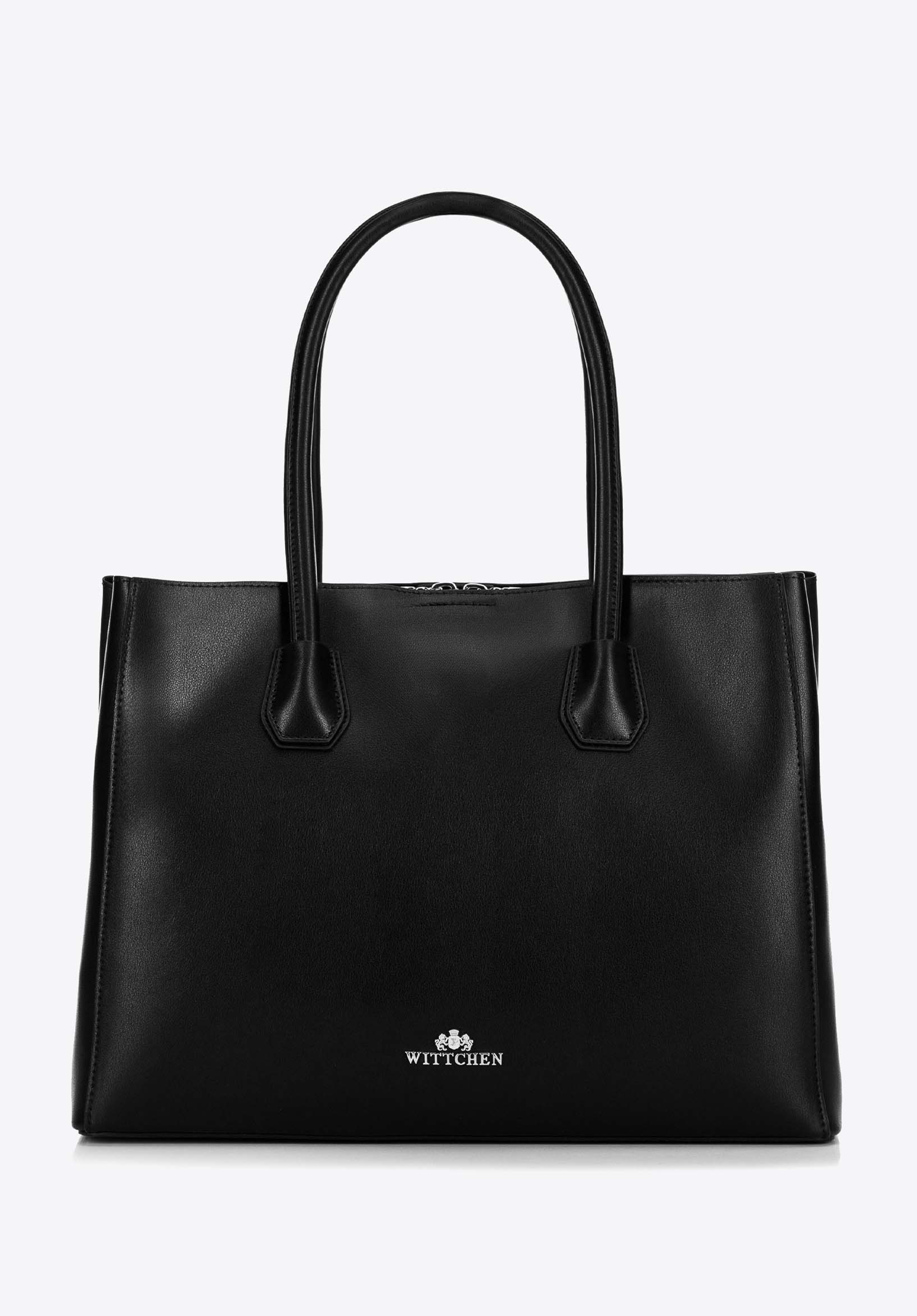 Damenhandtasche aus Naturleder mit drei Fächern, schwarz-silber, 100-4E-616-1S, Bild 1