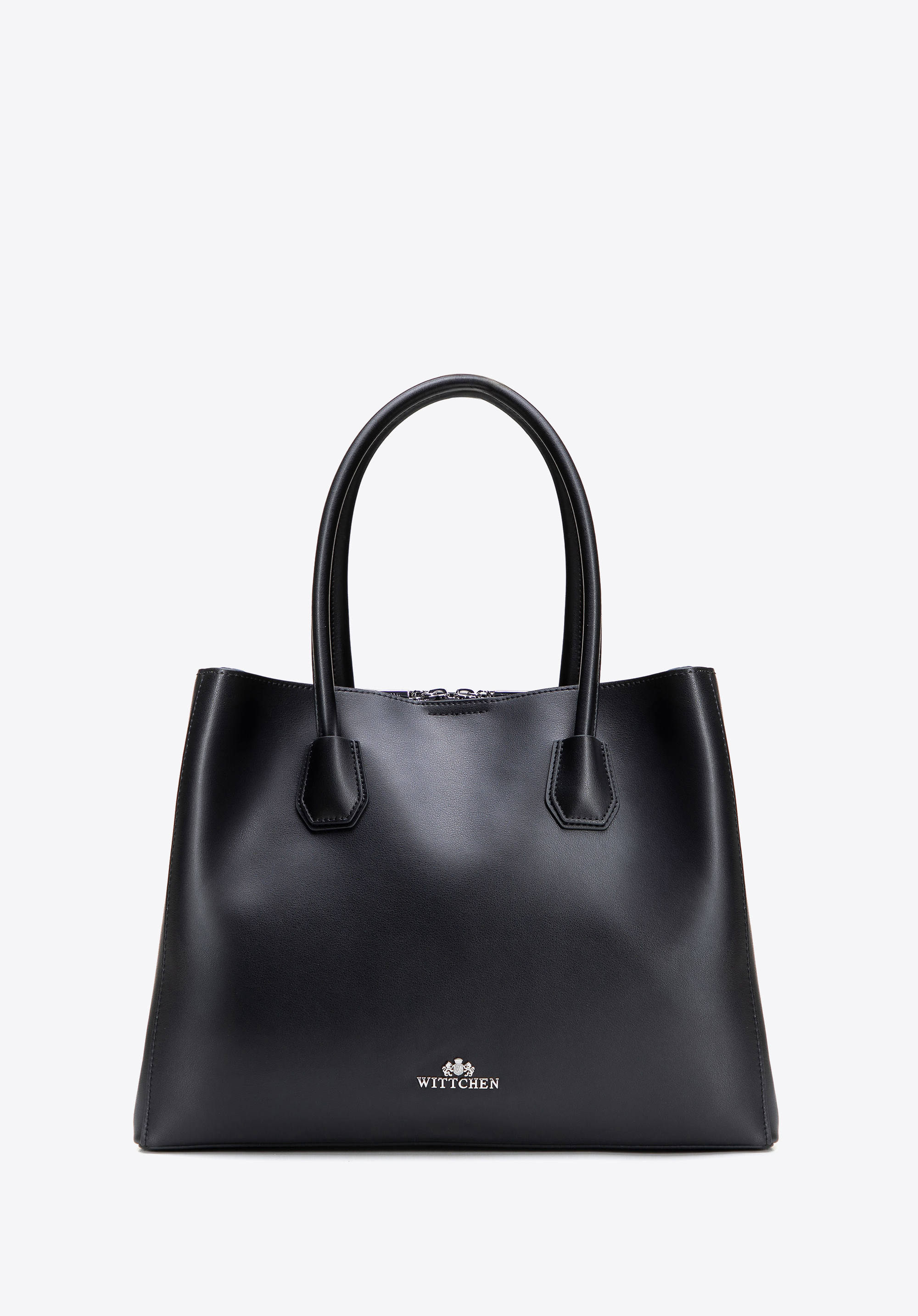 Damenhandtasche aus Naturleder mit drei Fächern, schwarz-silber, 100-4E-616-1S, Bild 1