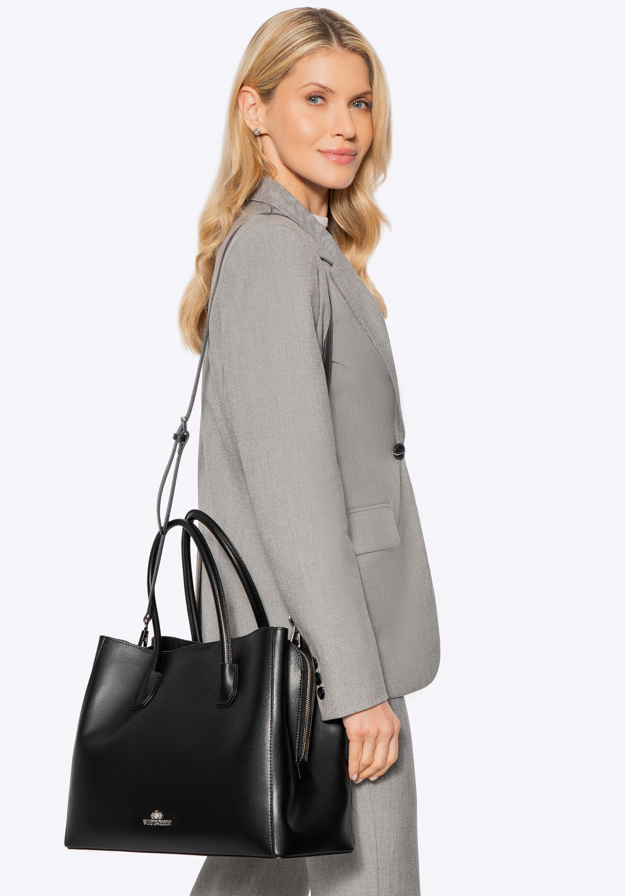 Damenhandtasche aus Naturleder mit drei Fächern, schwarz-silber, 100-4E-616-1S, Bild 1