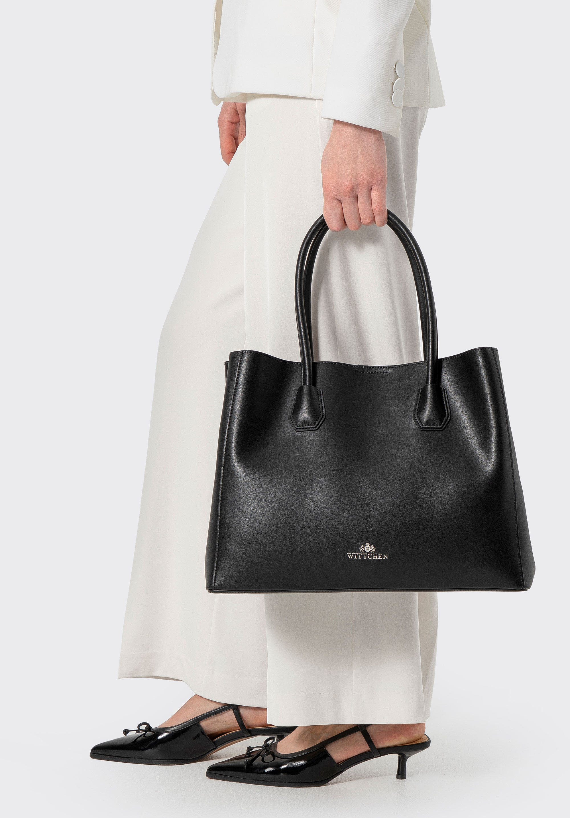 Damenhandtasche aus Naturleder mit drei Fächern, schwarz-silber, 100-4E-616-1S, Bild 1