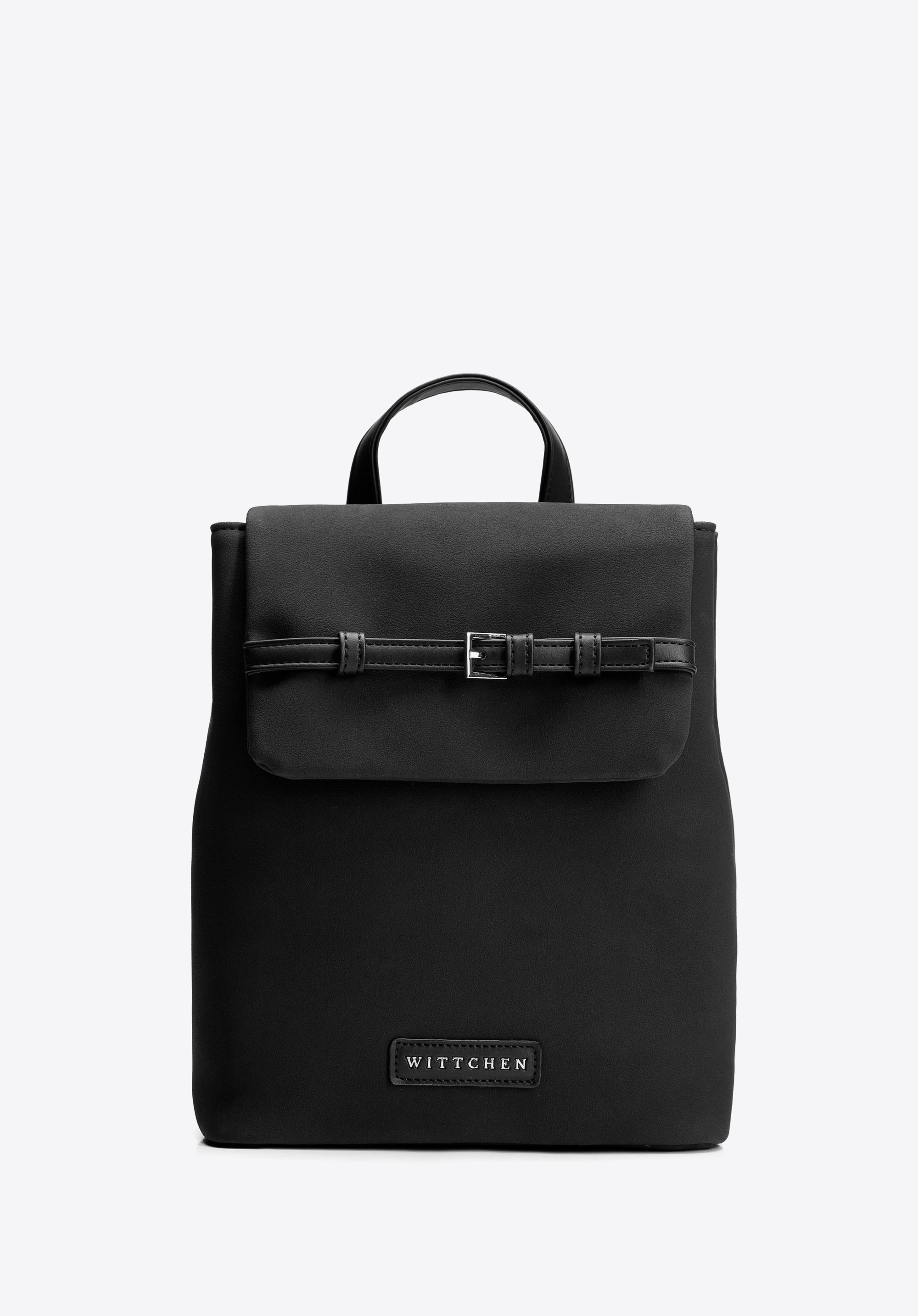 Damenrucksack aus Kunstleder mit dekorativem Riemen, schwarz-silber, 101-4Y-421-1G, Bild 1