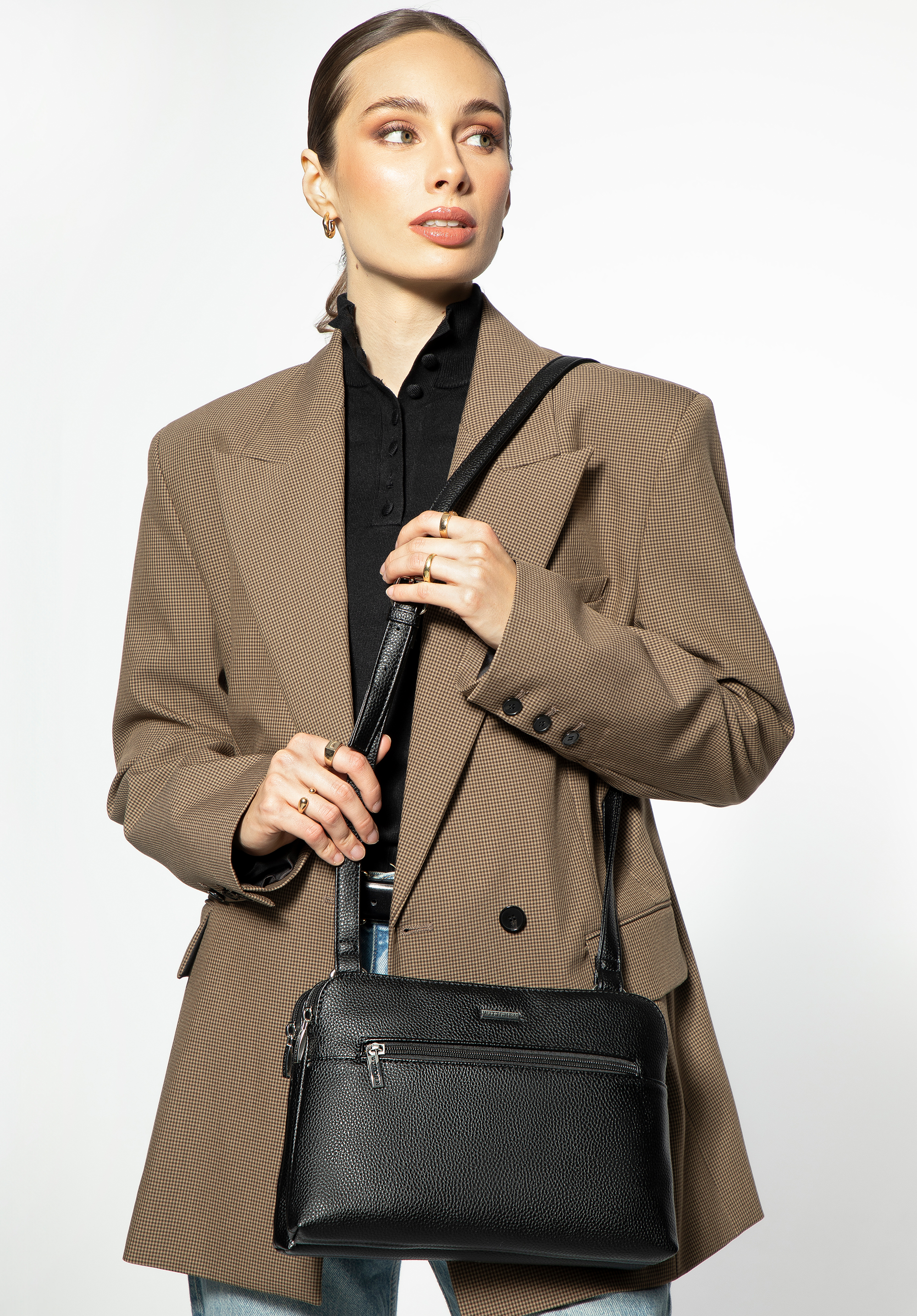 Damentasche mit zwei Fächern aus Öko-Leder, schwarz-silber, 99-4Y-610-1S, Bild 1