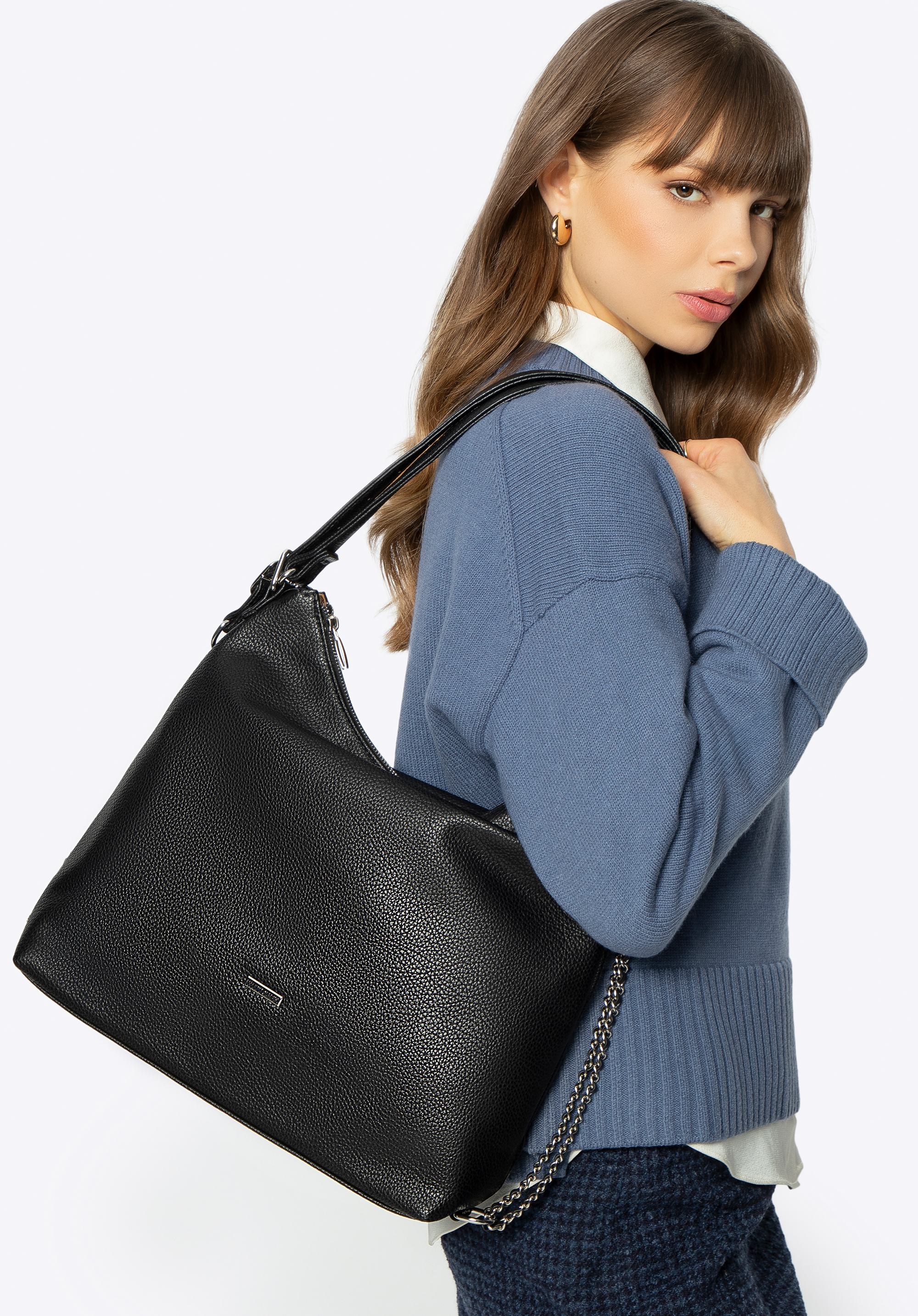 Damentasche - Rucksack aus ökologischem Leder, schwarz-silber, 29-4Y-601-1S, Bild 1