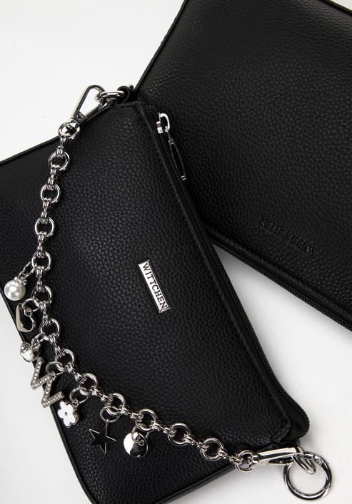 Doppelte Damenhandtasche aus Öko-Leder mit dekorativem Kettenschulterriemen, schwarz-silber, 98-4Y-508-P, Bild 5