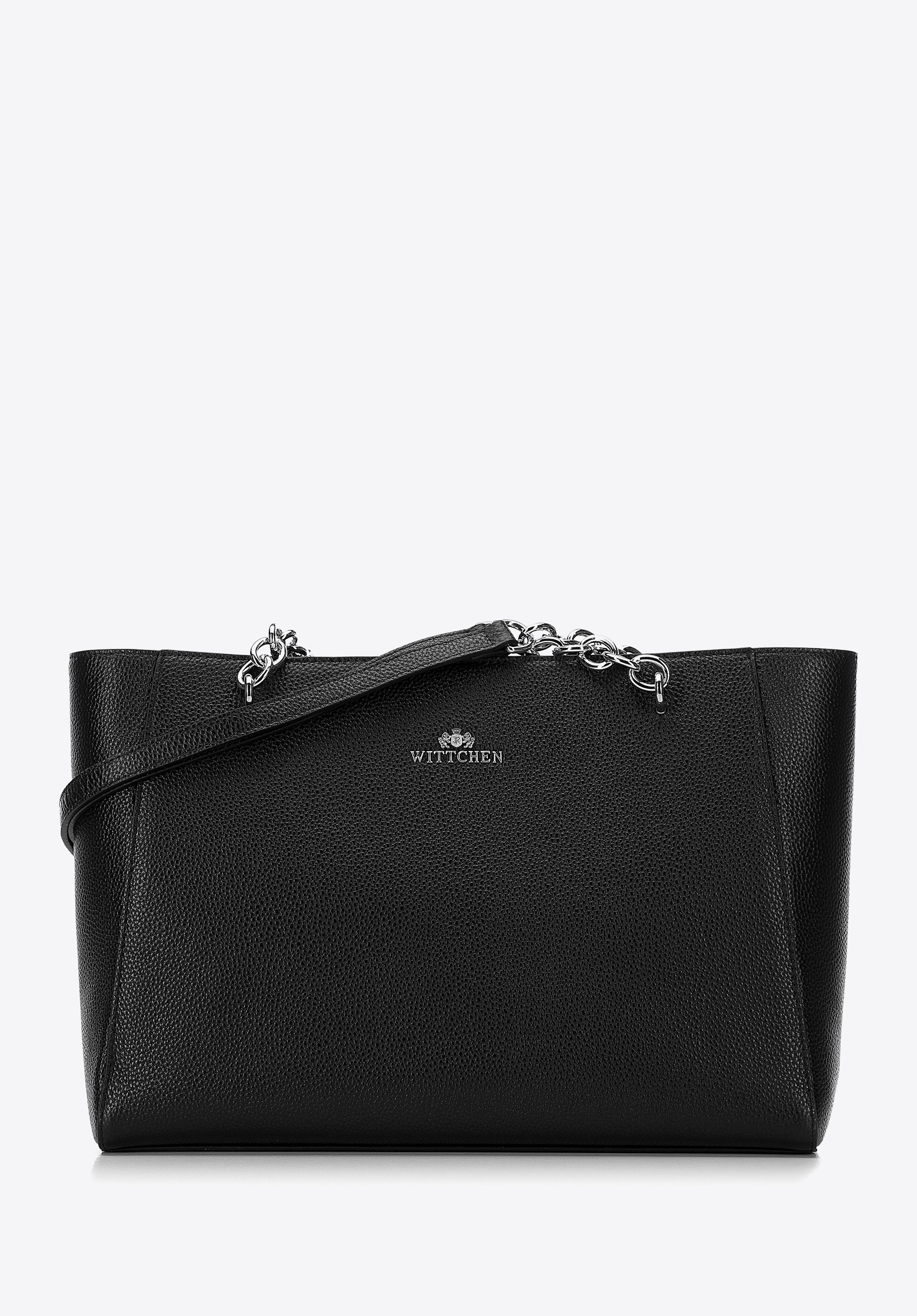 Shopper-Tasche aus Leder mit Ketten, schwarz-silber, 98-4E-610-1S, Bild 1