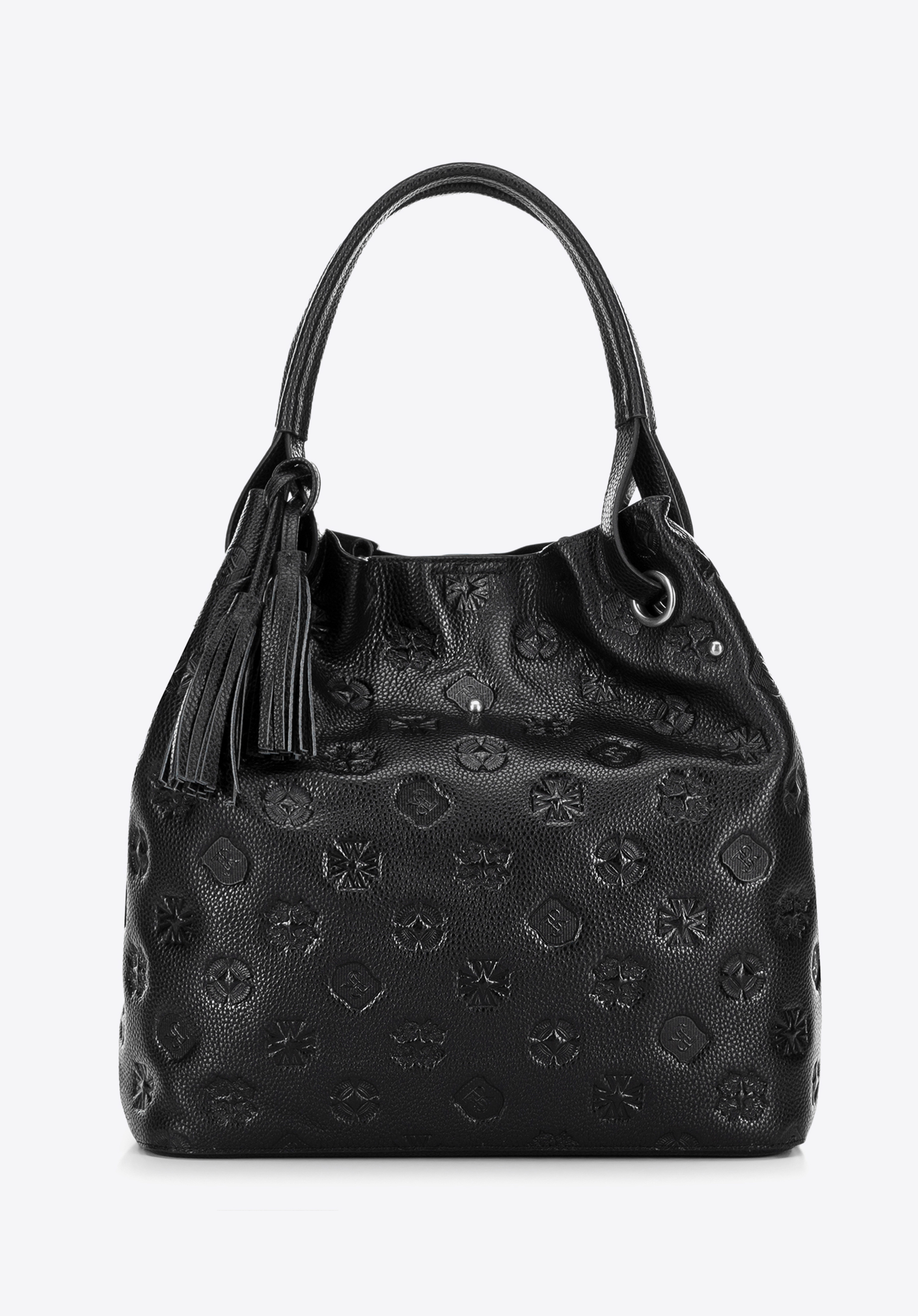 Hobo-Tasche aus Leder für Damen mit geprägtem Monogramm, schwarz-silber, 100-4E-632-1S, Bild 1