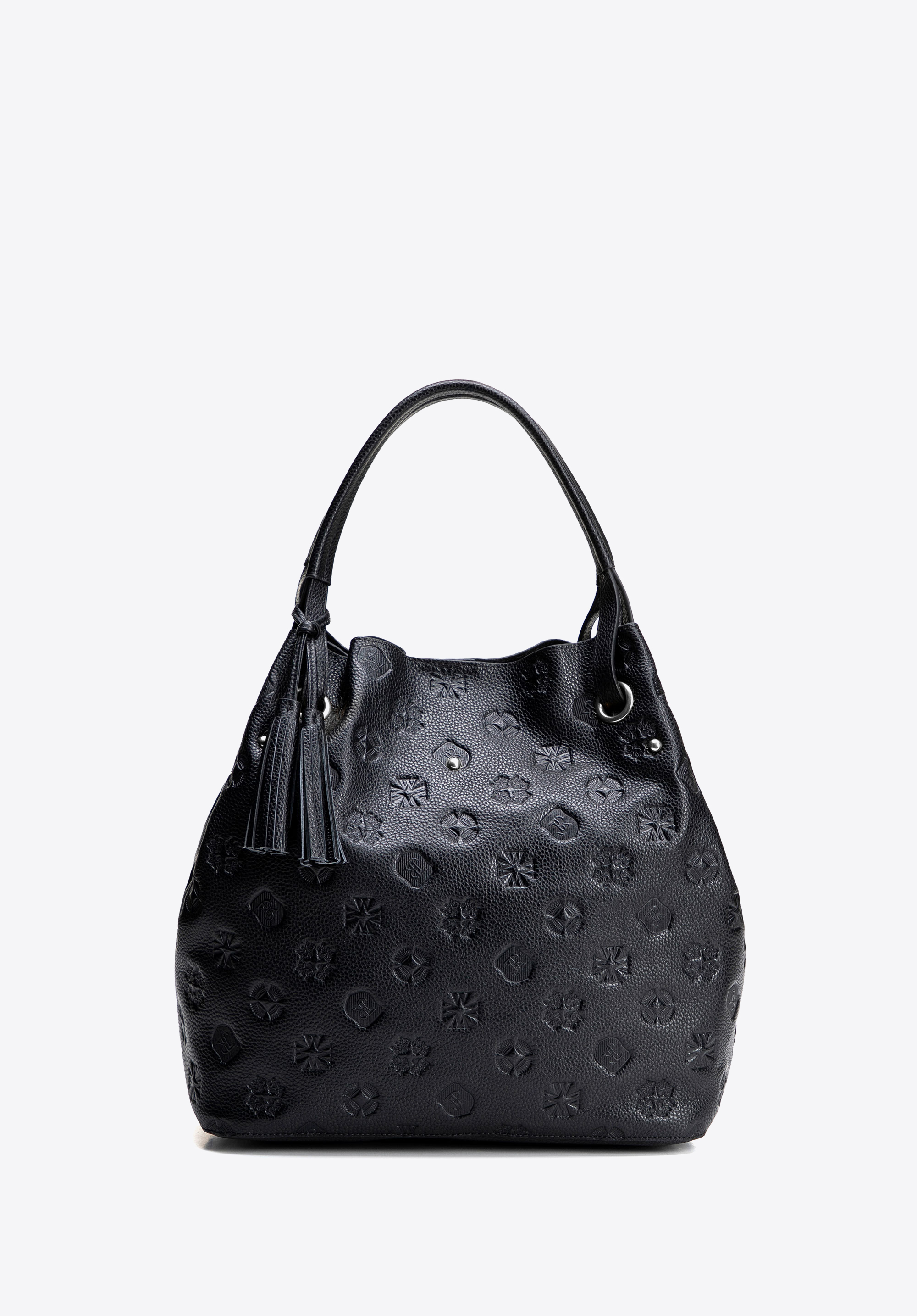 Hobo-Tasche aus Leder für Damen mit geprägtem Monogramm, schwarz-silber, 100-4E-632-1S, Bild 1