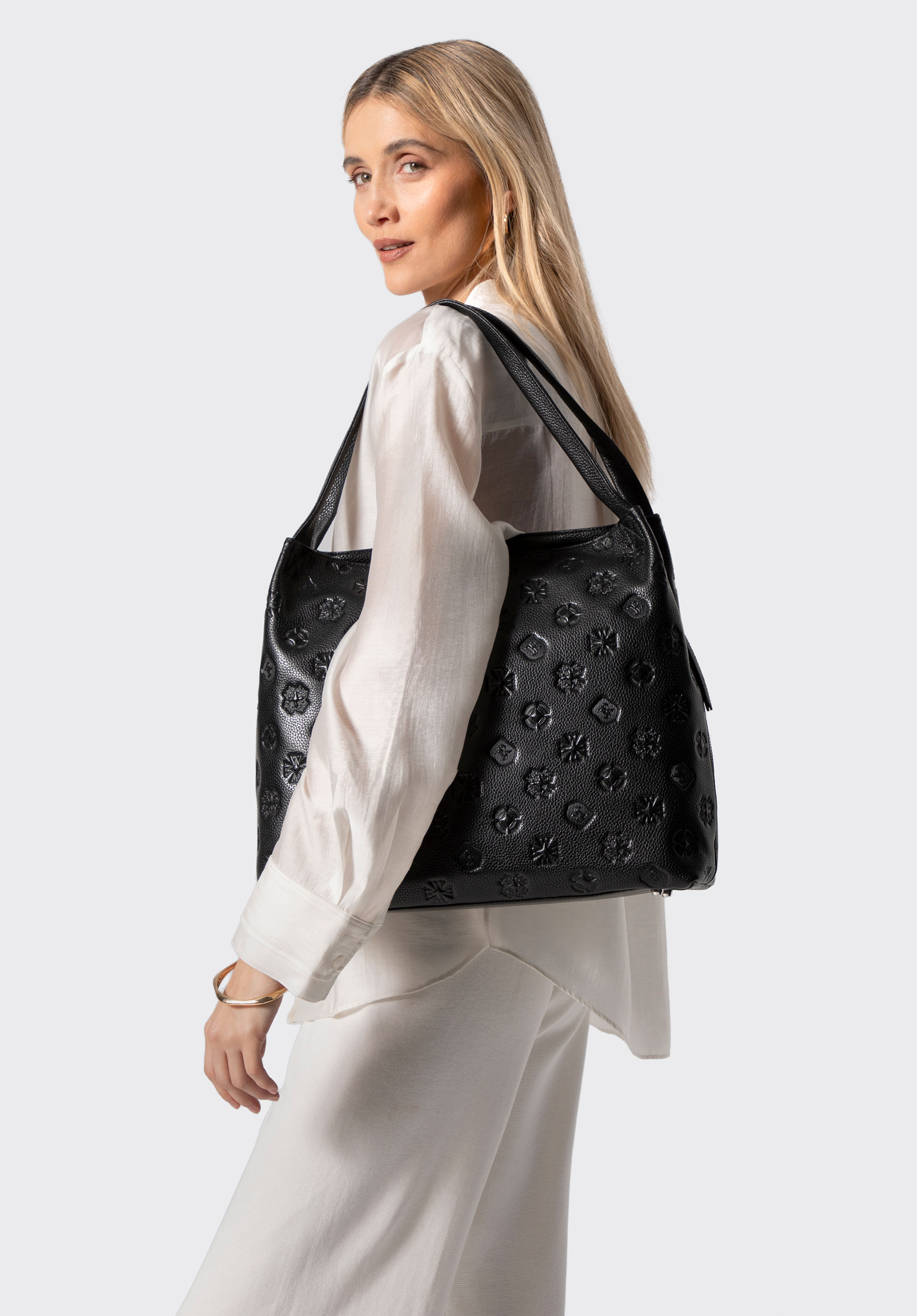 Hobo-Tasche aus Leder mit Monogramm für Damen, schwarz-silber, 100-4E-625-1S, Bild 1