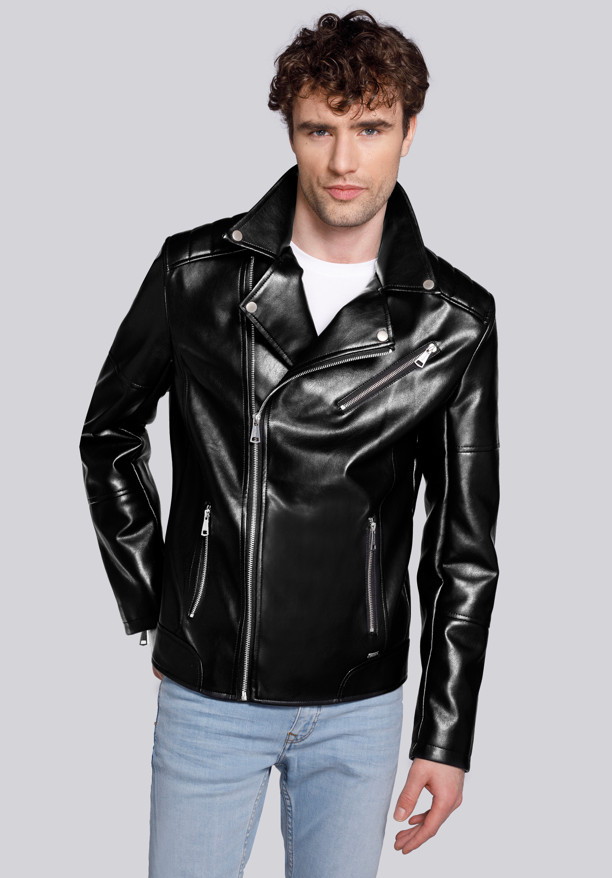 KLASSISCHE HERRENJACKE AUS KUNSTLEDER, schwarz-silber, 92-9P-153-1S-M, Bild 1