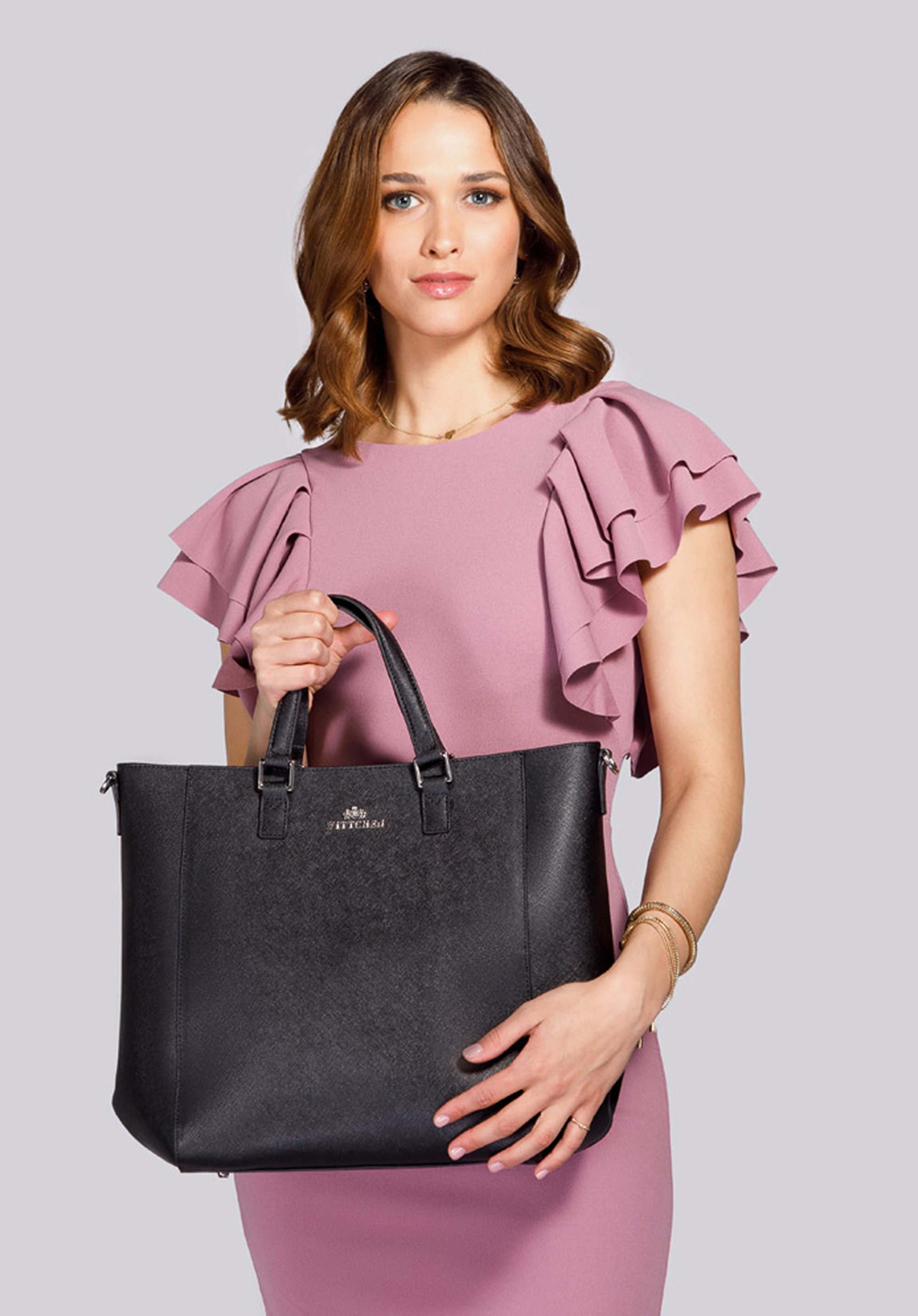 KLASSISCHE SHOPPER-TASCHE AUS ECHTLEDER, schwarz-silber, 92-4E-644-11, Bild 1