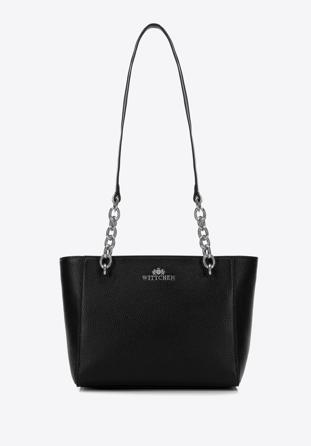 Kleine Shopper-Tasche aus Leder mit Kette, schwarz-silber, 98-4E-611-1S, Bild 1