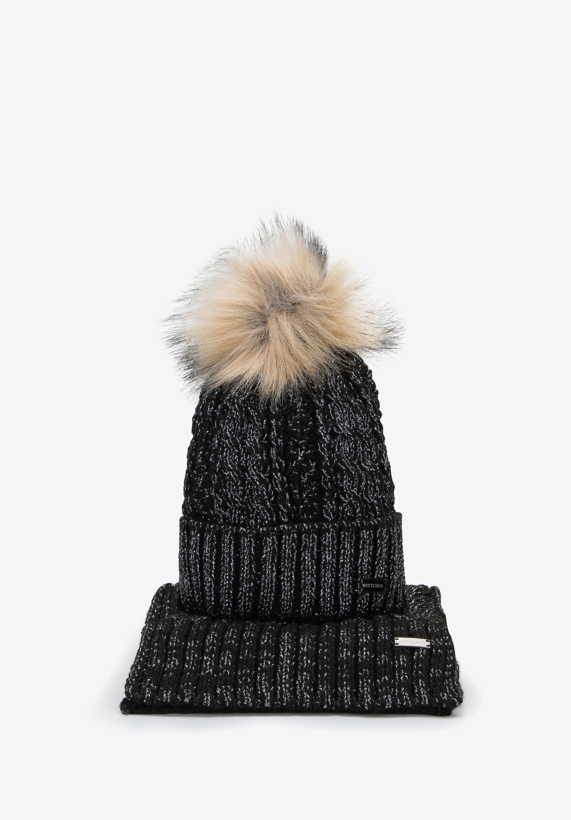 Komplettes Winterset für Damen mit einem Zopfgeflecht, schwarz-silber, 95-SF-002-1, Bild 1