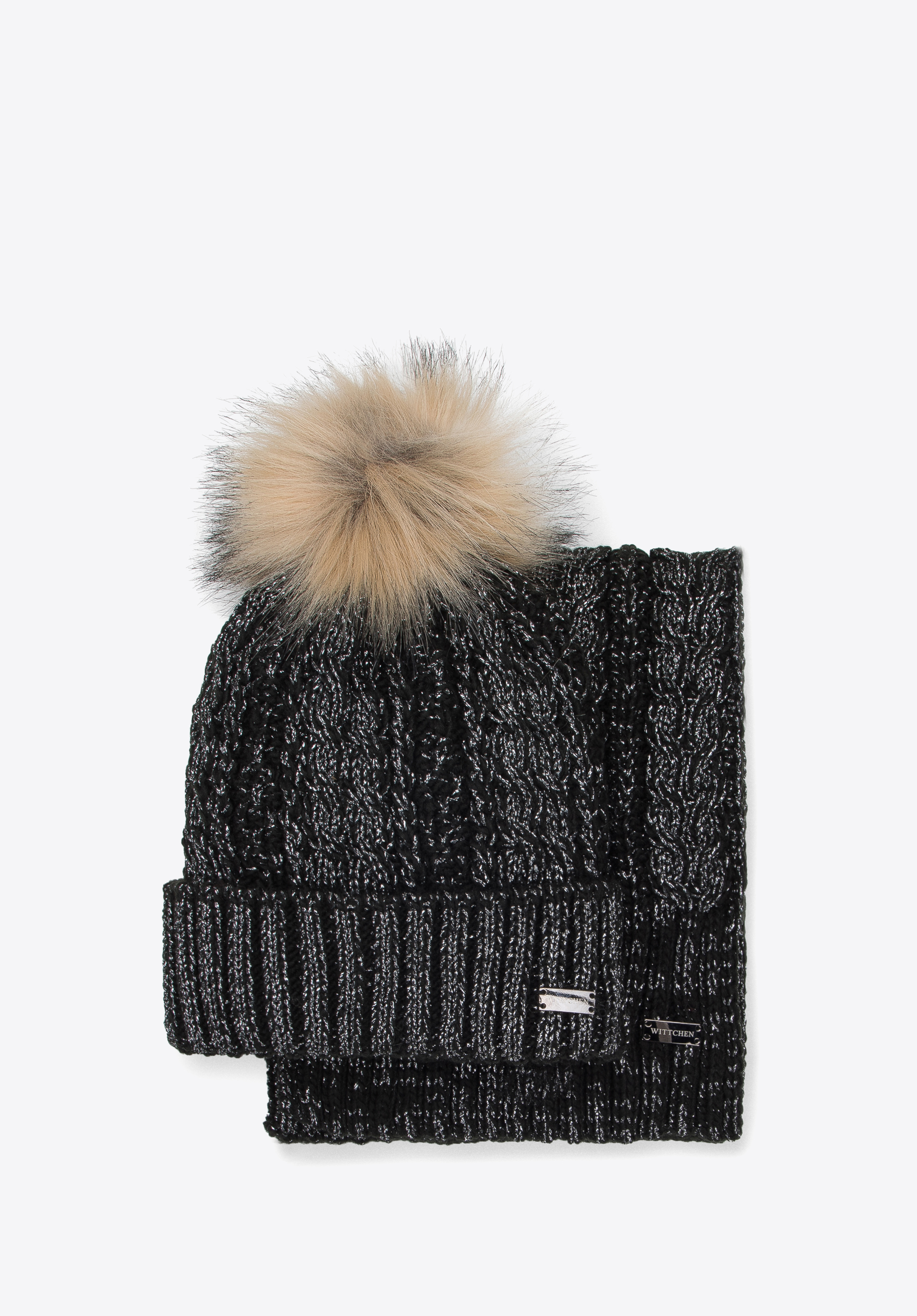 Komplettes Winterset für Damen mit einem Zopfgeflecht, schwarz-silber, 95-SF-002-1, Bild 1