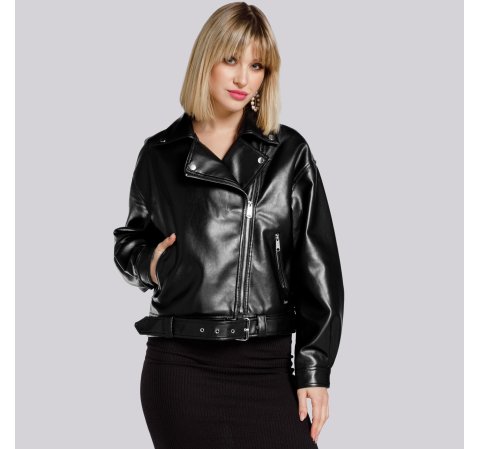 Ramones-Jacke für Damen Oversize mit Gürtel, schwarz-silber, 94-9P-100-9-L, Bild 1
