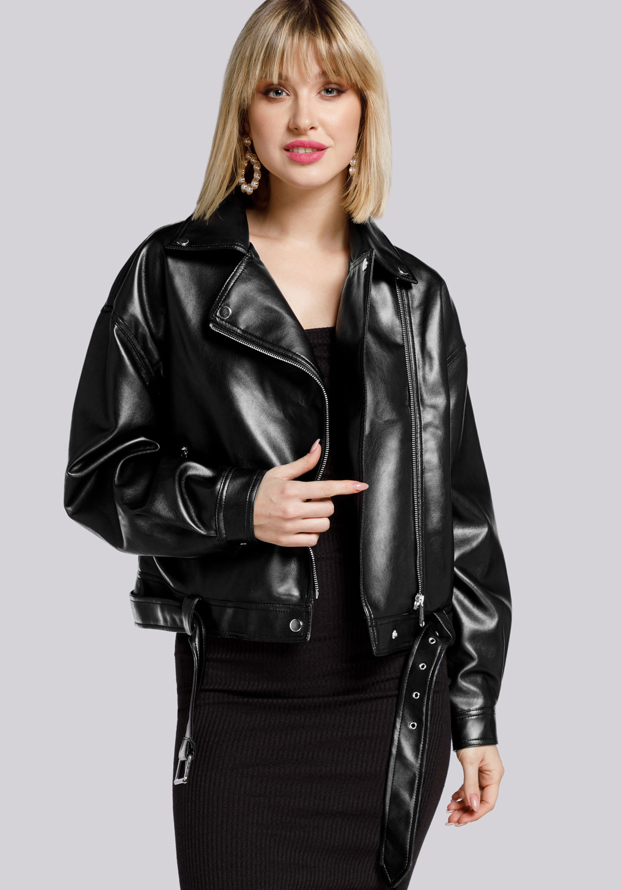 Ramones-Jacke für Damen Oversize mit Gürtel, schwarz-silber, 94-9P-100-1S-2XL, Bild 1