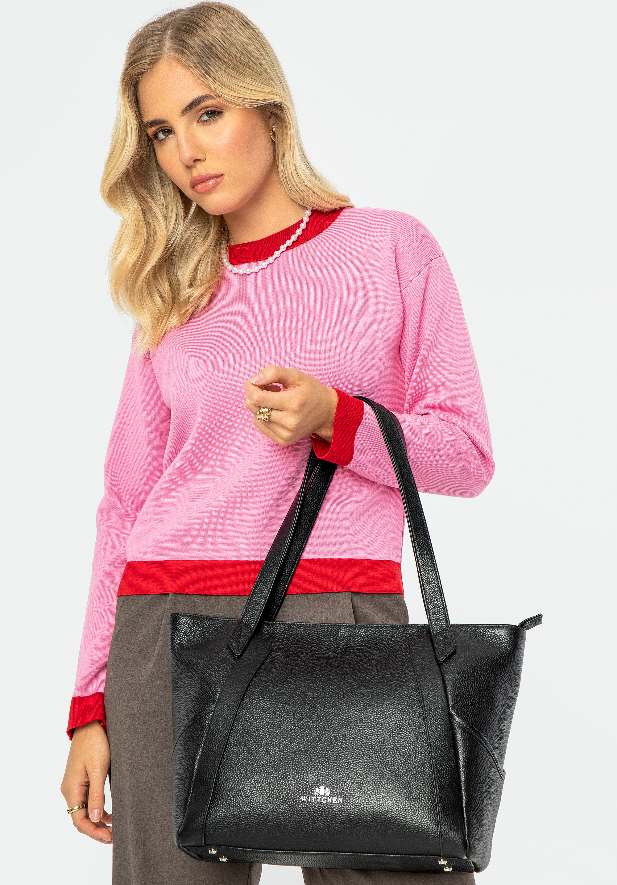 Shopper aus Leder für Damen, schwarz-silber, 29-4E-627-1S, Bild 1