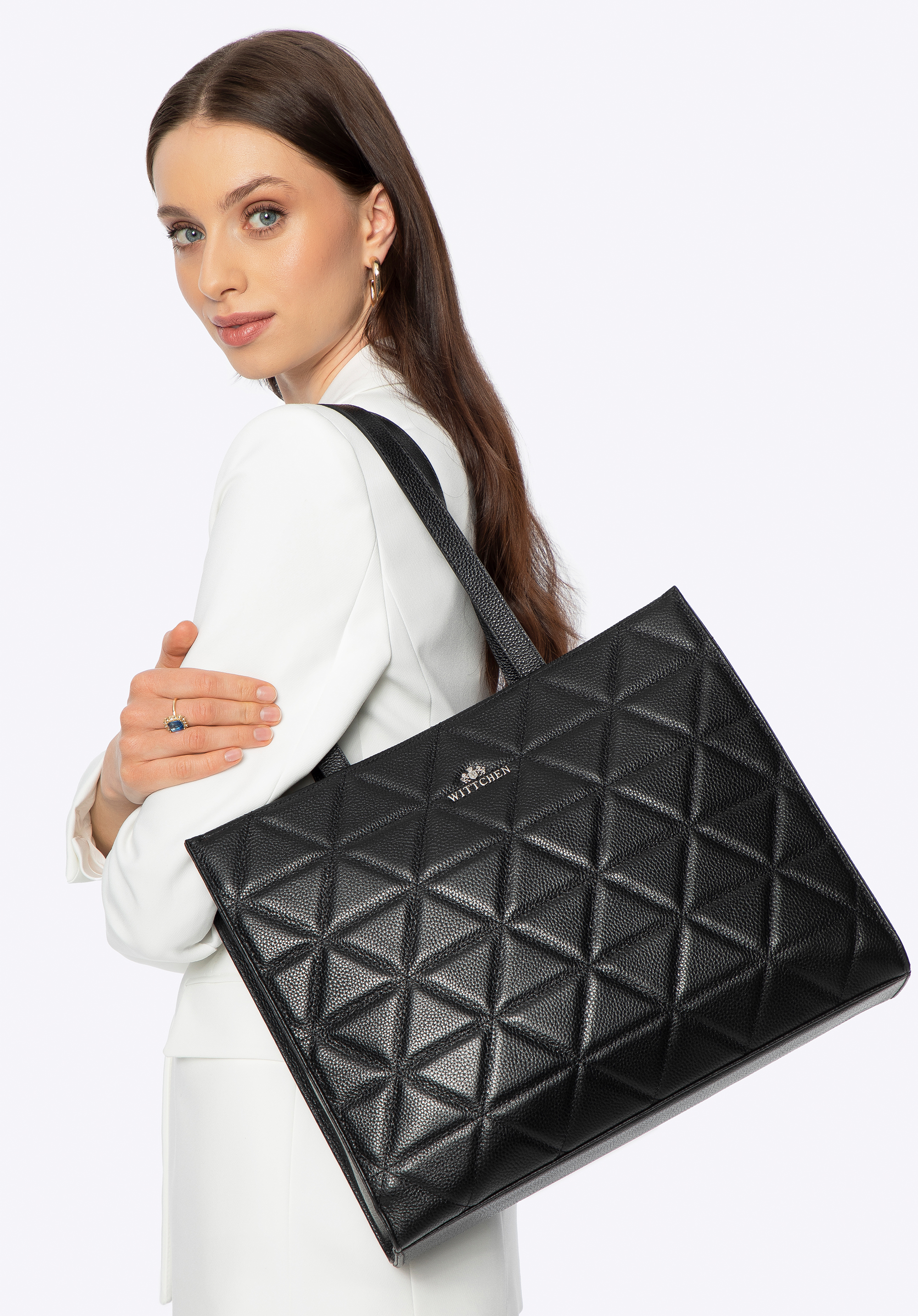 Shopper-Tasche aus gestepptem Leder für Damen, schwarz-silber, 100-4E-613-1S, Bild 1
