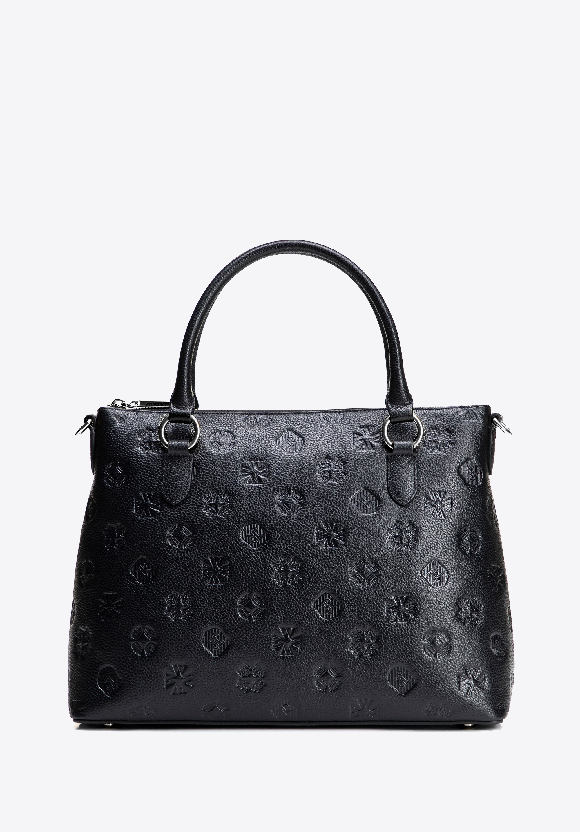 Shopper-Tasche aus Leder mit geprägter Signatur, schwarz-silber, 100-4E-624-1S, Bild 1