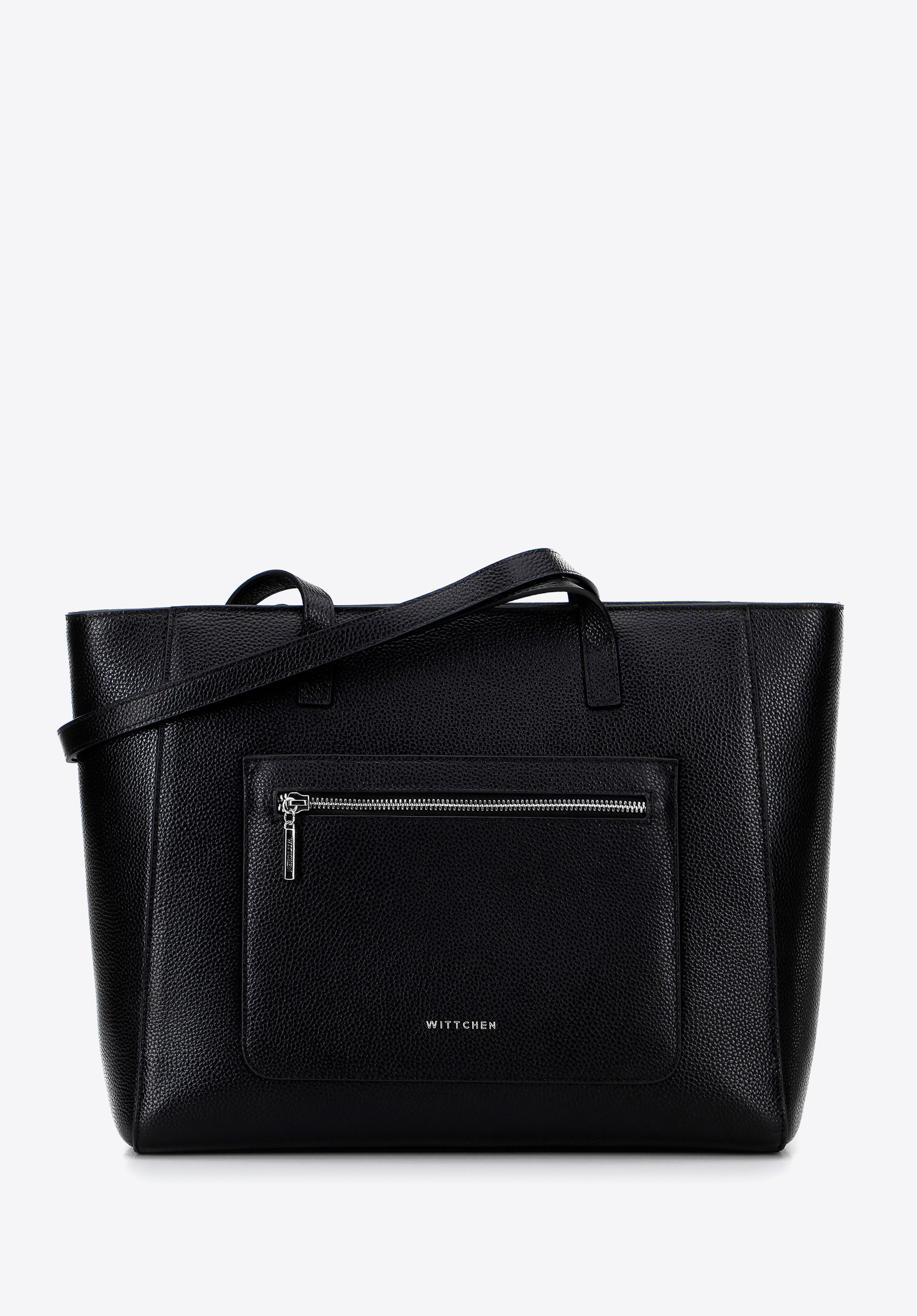 Shopper-Tasche aus Leder mit Vordertasche, schwarz-silber, 100-4E-620-1S, Bild 1