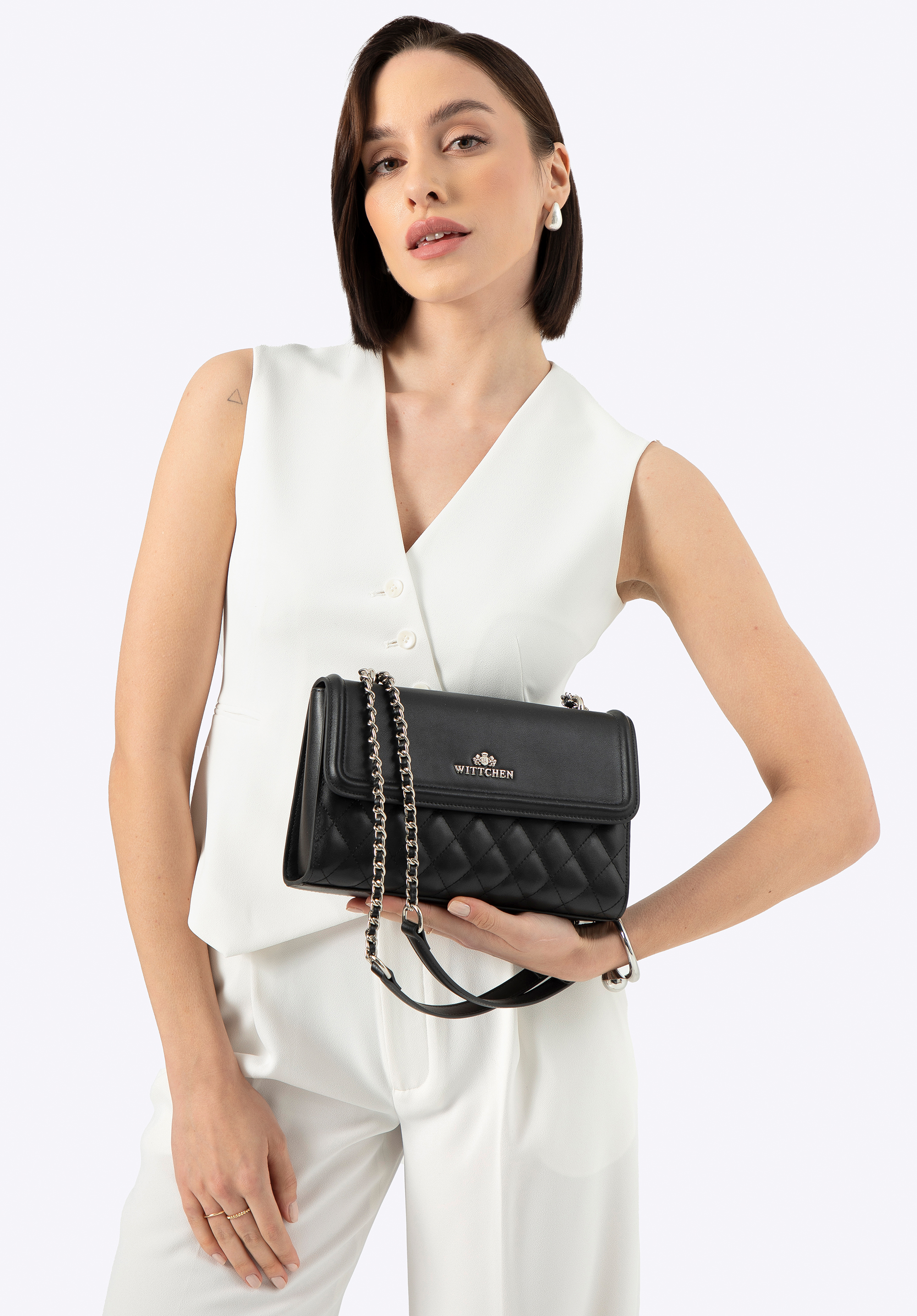 Umhängetasche aus Leder für Damen, schwarz-silber, 100-4E-205-1S, Bild 1