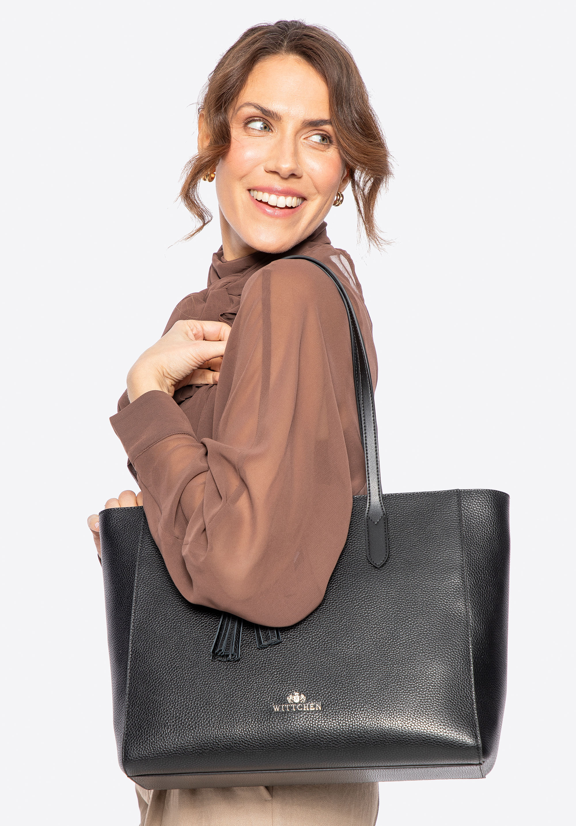 Shopper Tasche aus Leder, schwarz-silber, 100-4E-610-1S, Bild 1