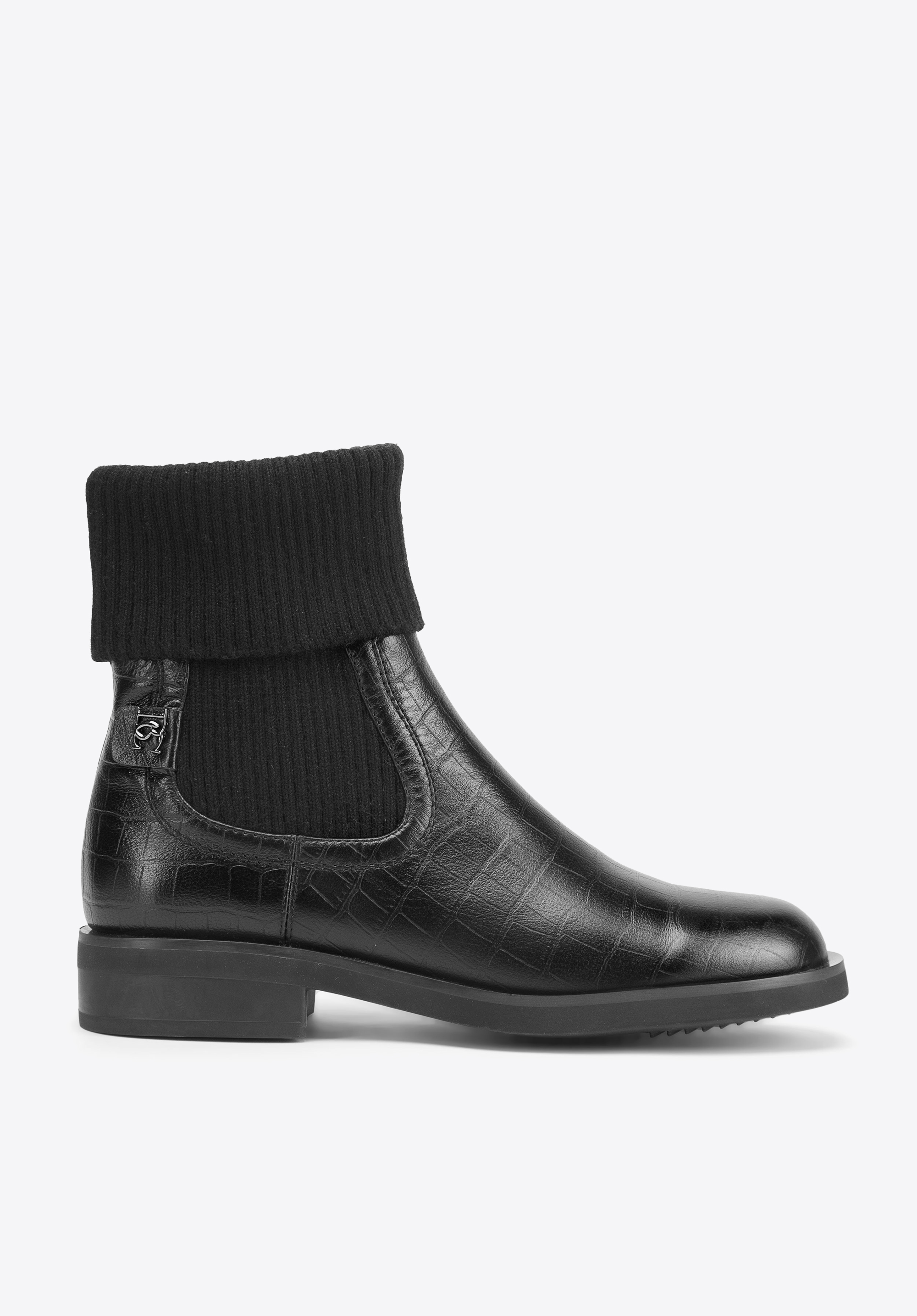 Stiefelette aus Krokoleder mit Strickbündchen, schwarz, 93-D-505-1-38, Bild 1