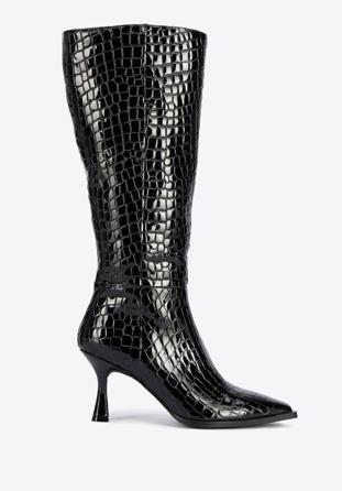Stiletto-Stiefel aus Lackleder in Kroko-Optik, schwarz, 95-D-507-1-41, Bild 1