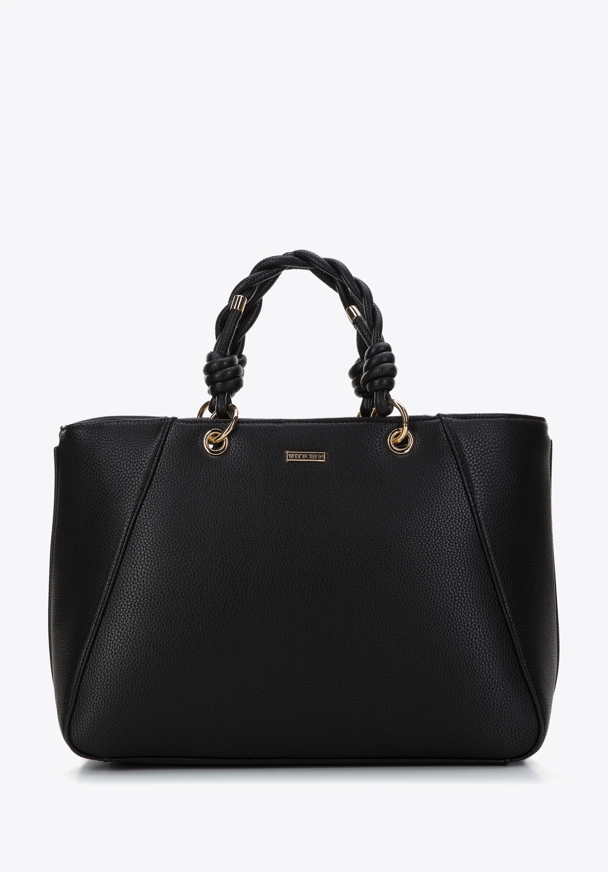 Handtasche aus Öko Leder mit geflochtenen Griffen, schwarz, 97-4Y-615-1, Bild 1