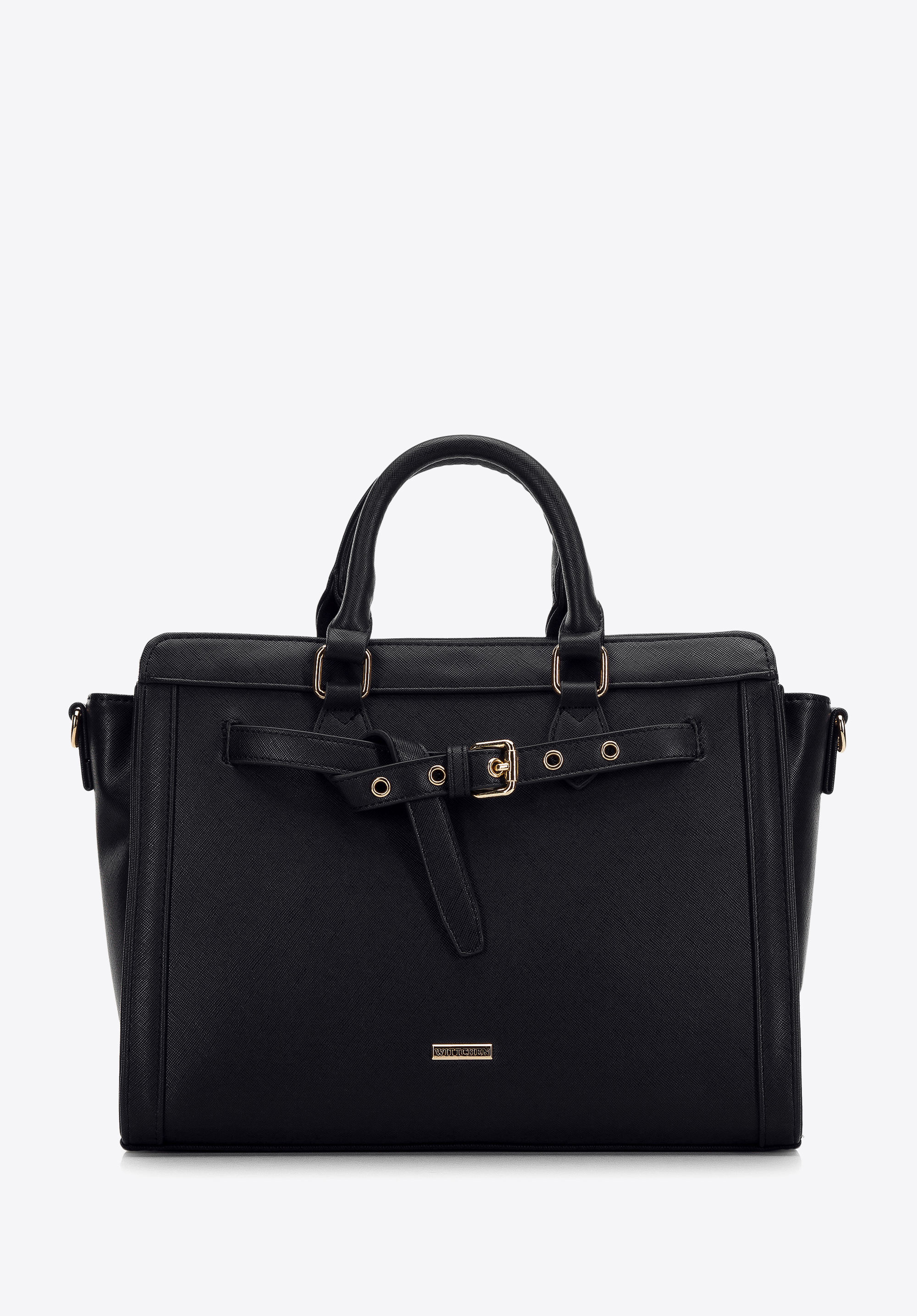 Köfferchen aus Öko-Saffiano-Leder mit dekorativem Riemen, schwarz, 97-4Y-219-1, Bild 1