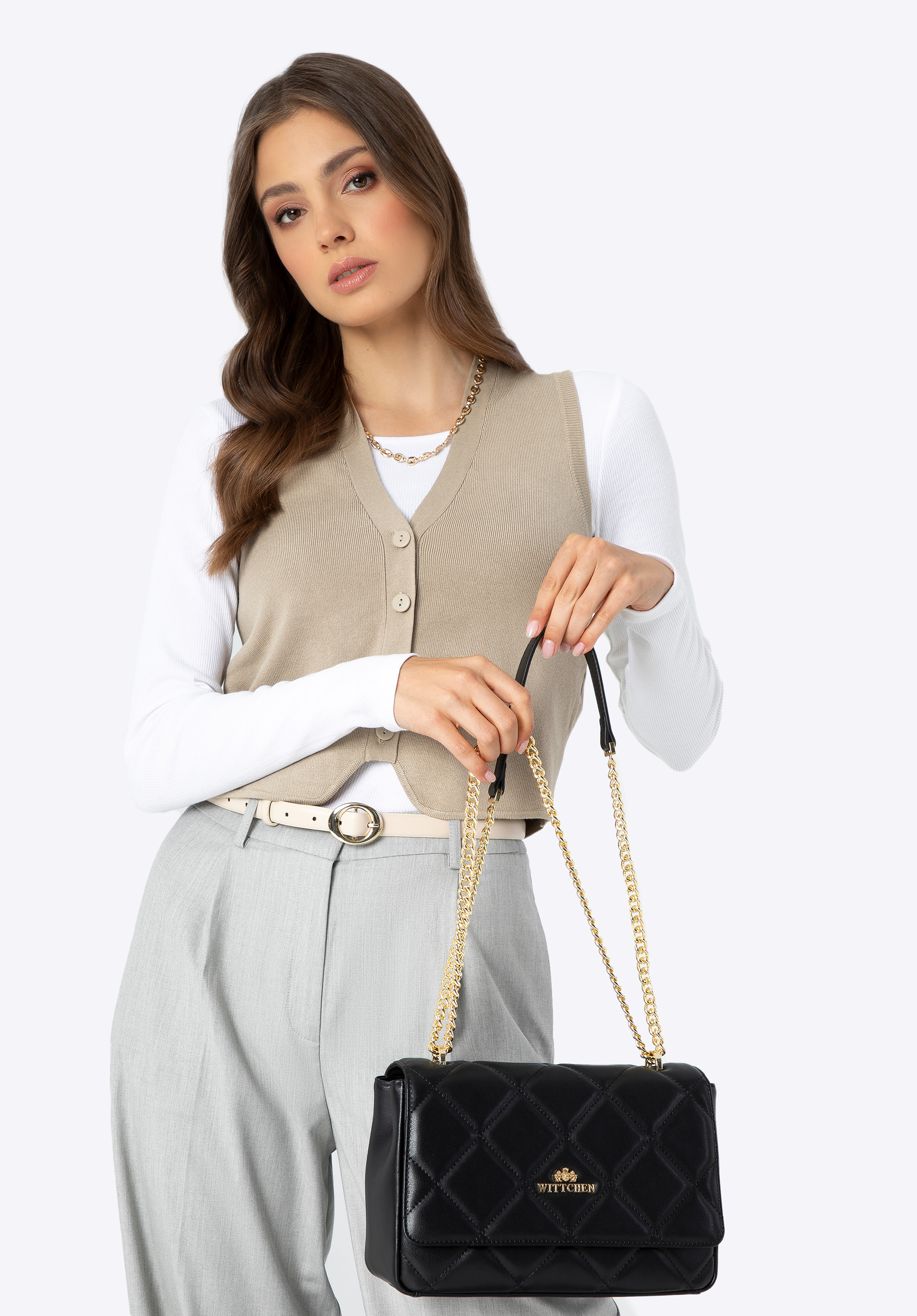 Umhängetasche aus gestepptem Leder für Damen, schwarz, 99-4E-603-1, Bild 1