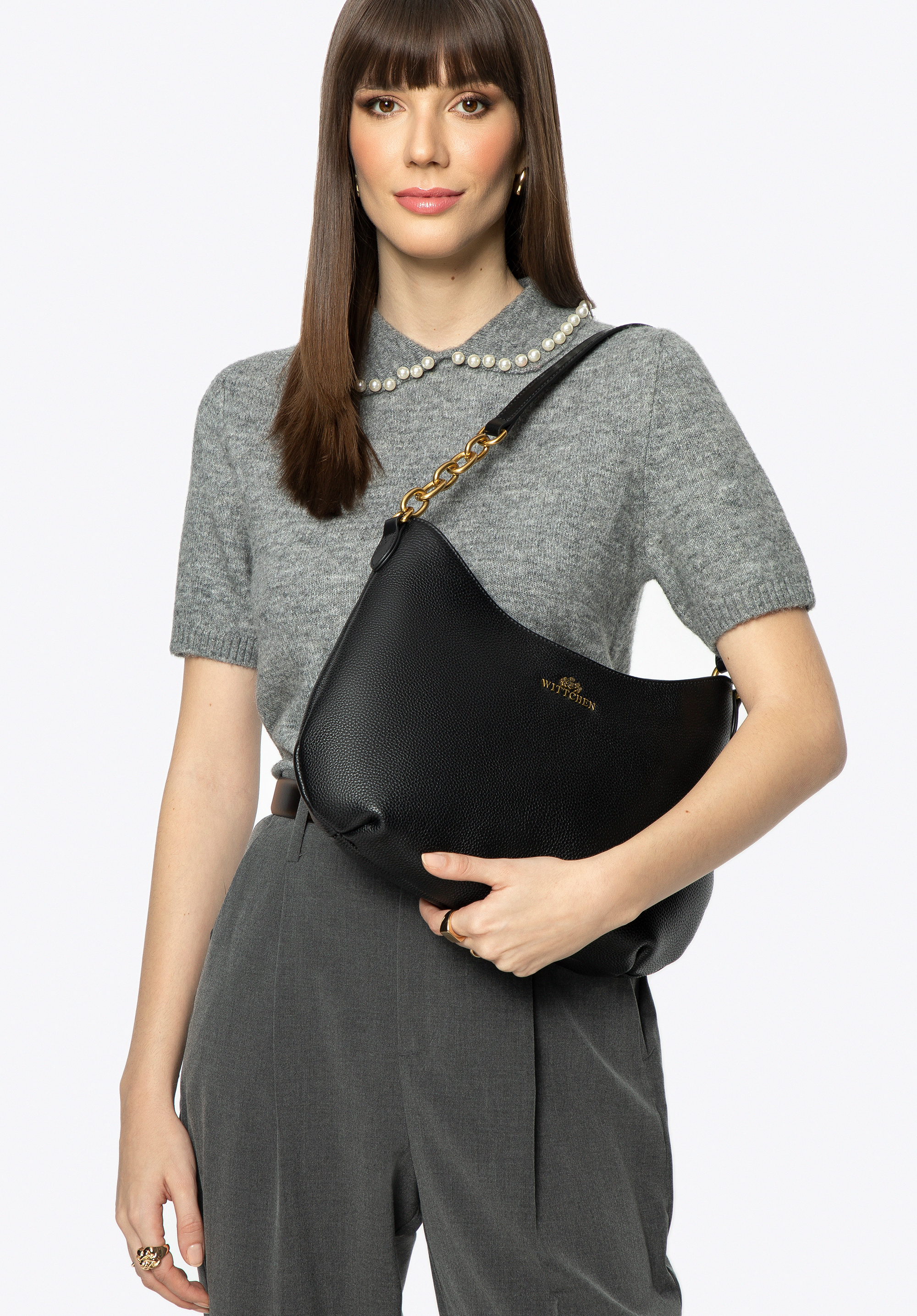 Umhängetasche aus Leder mit Kette, schwarz, 100-4E-603-1, Bild 1