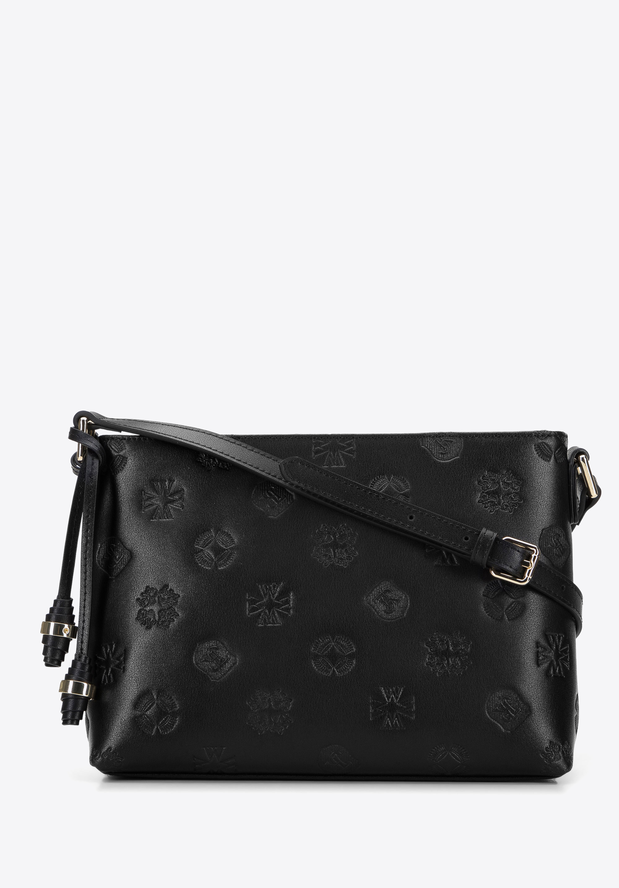 Umhängetasche aus Leder mit Monogramm und dekorativen Quasten