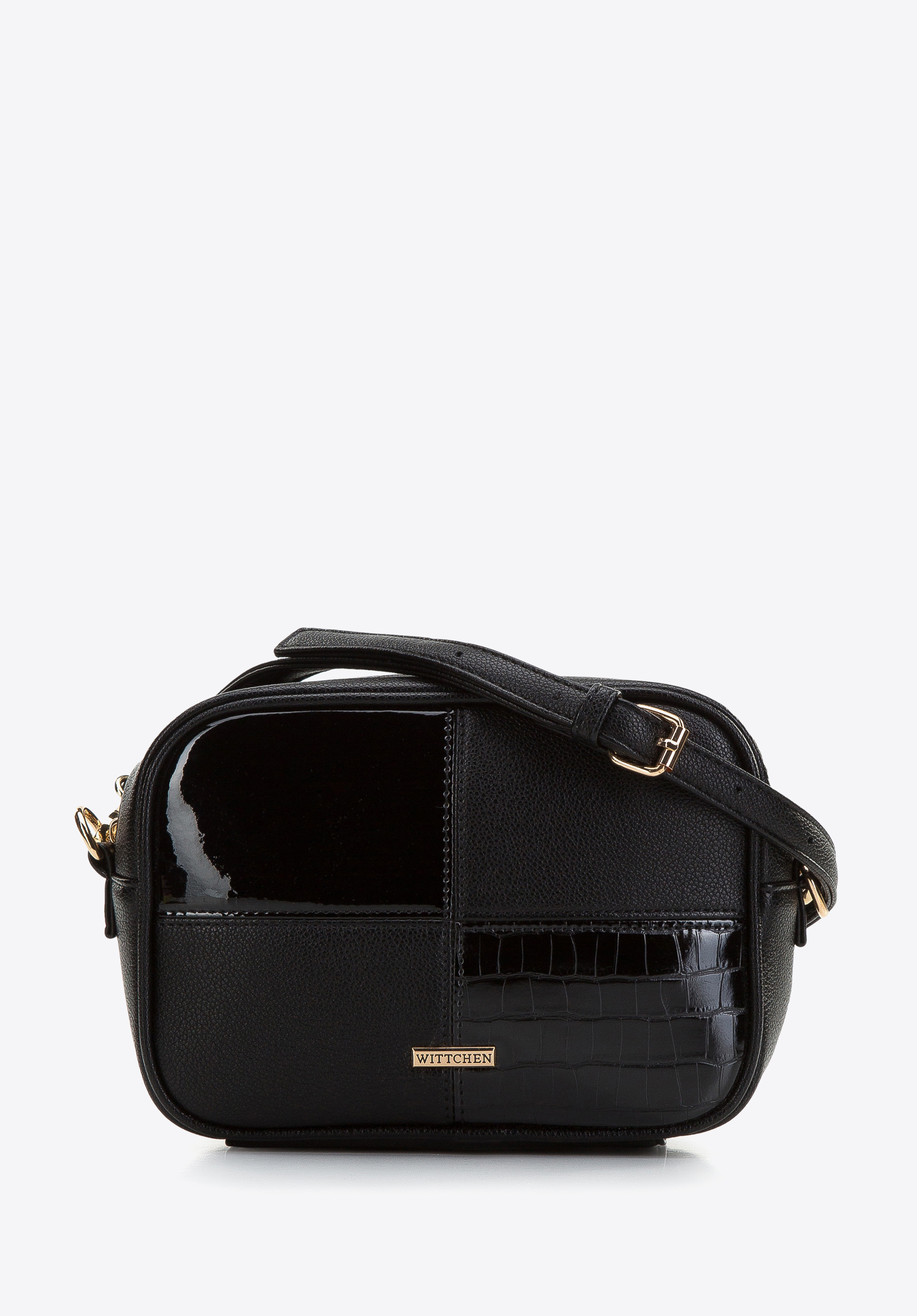 Umhängetasche für Damen aus Öko-Leder mit lackierten Einsätzen, schwarz, 97-4Y-622-1, Bild 1