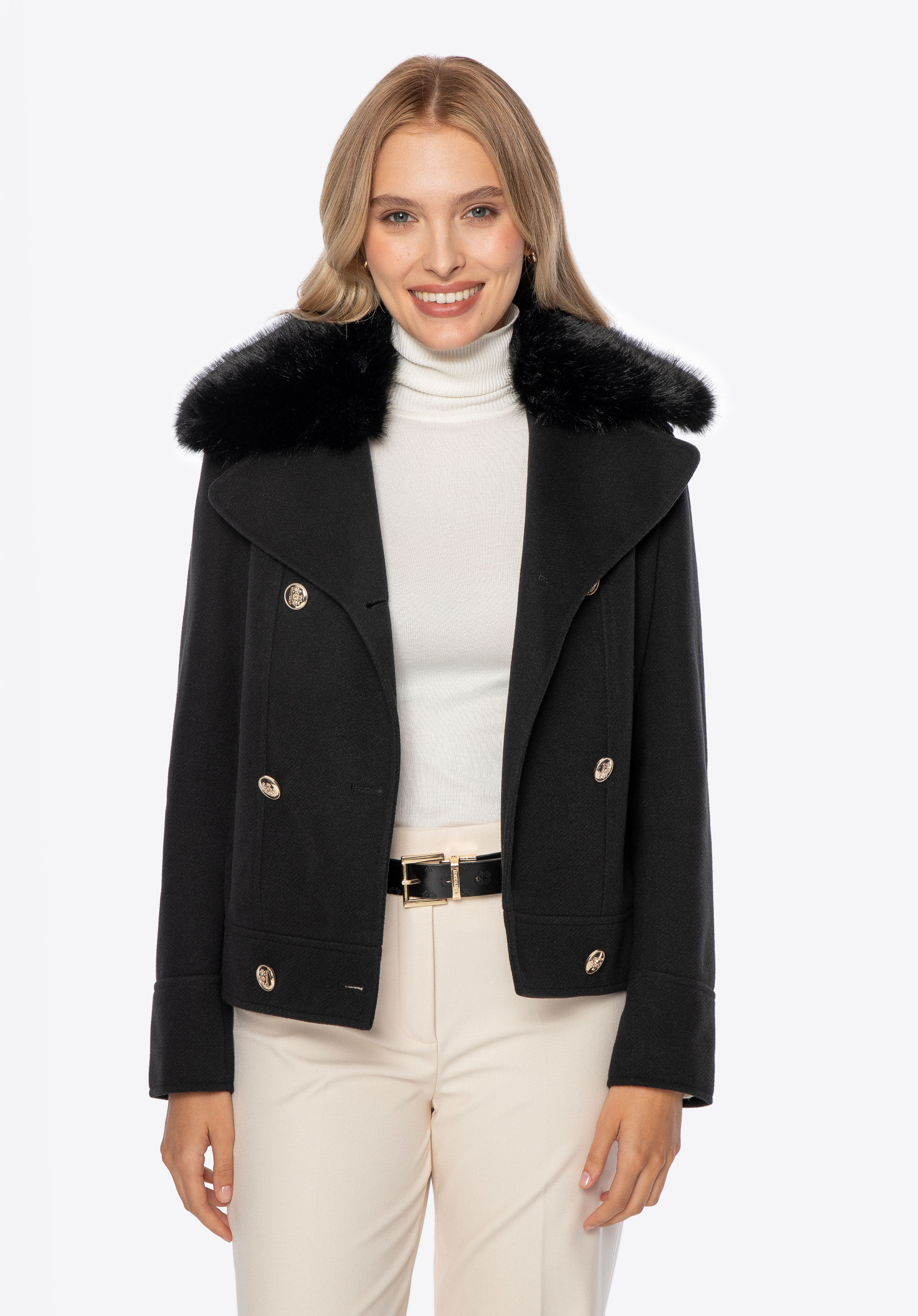 Zweireihige Jacke mit abnehmbarem Kunstfell, schwarz, 101-9X-303-1-XL, Bild 1