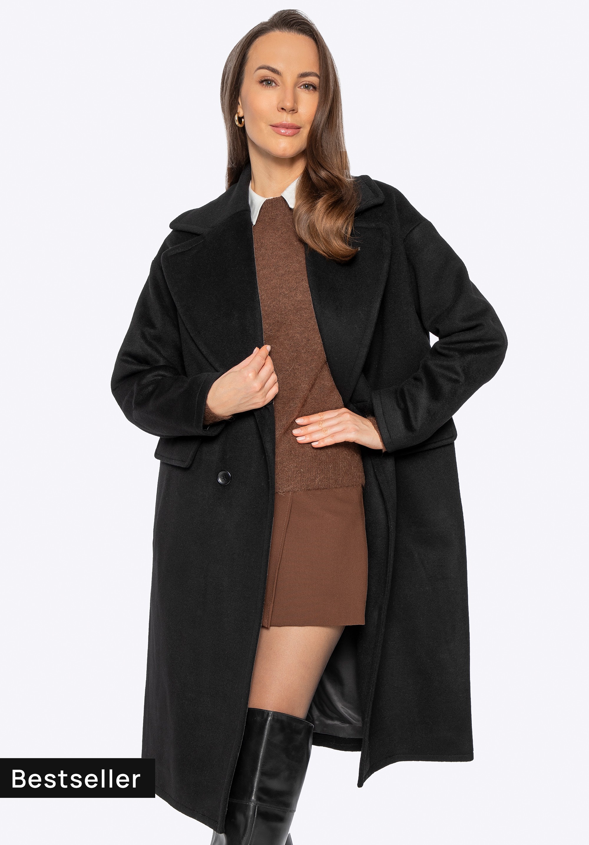 Zweireihiger Damenmantel aus Woll-Kaschmir-Mix, schwarz, 101-9W-702-1-L, Bild 1