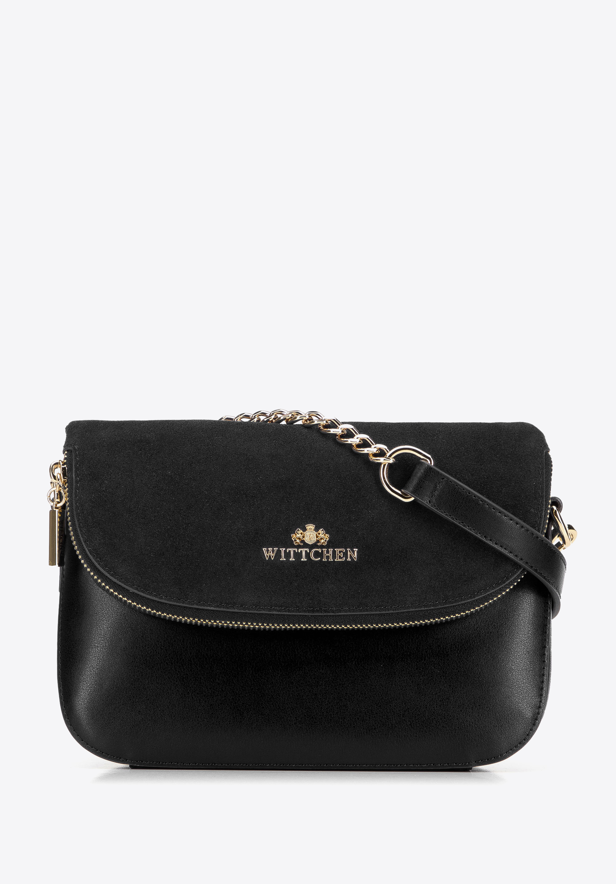 Zweiteilige Damenhandtasche aus Leder mit einer Tasche auf der Klappe, schwarz, 95-4E-649-1, Bild 1