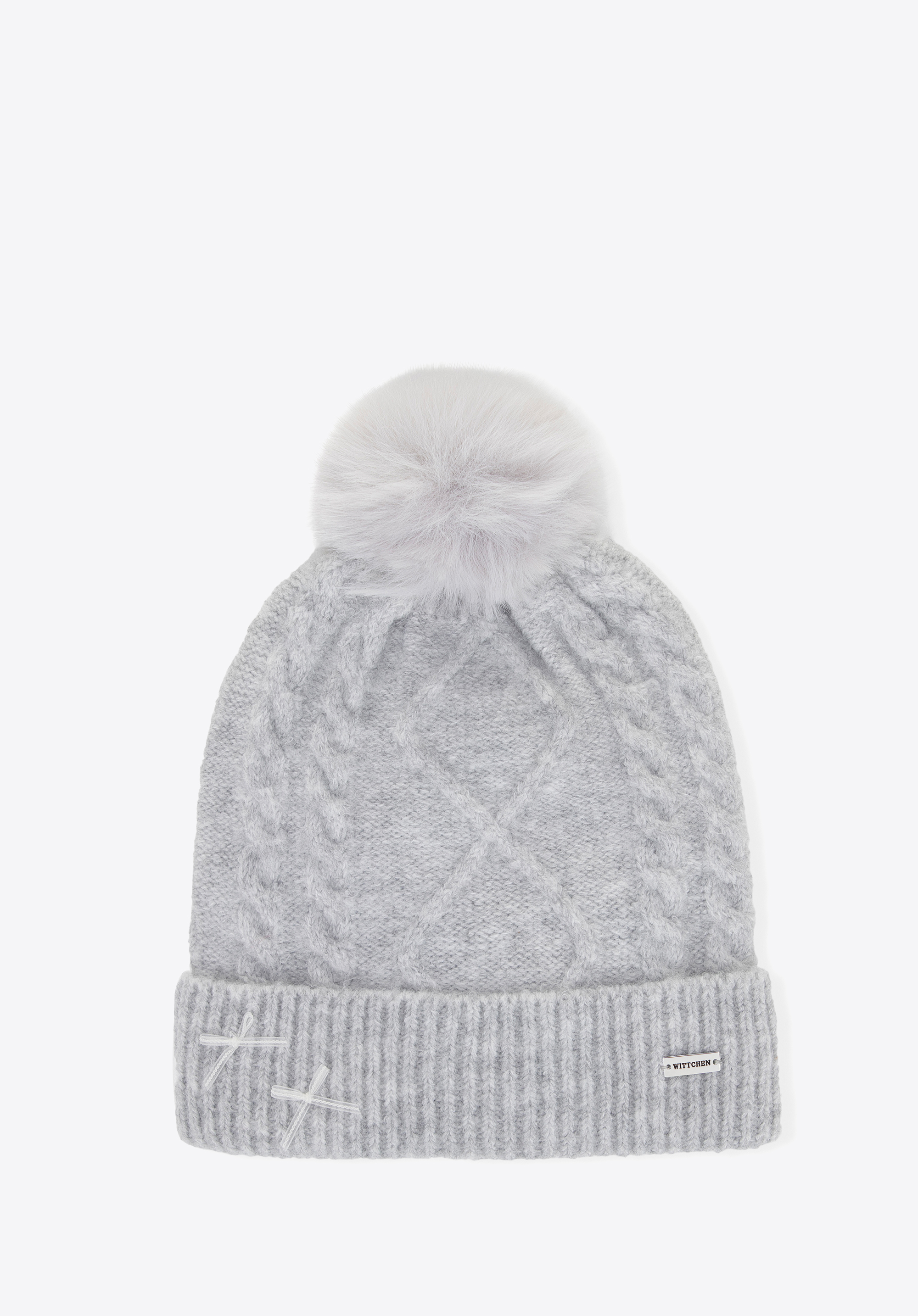 Dámská zimní čepice s bambulkami a mašlí, šedá, 101-HF-207-8, Obrázek 1