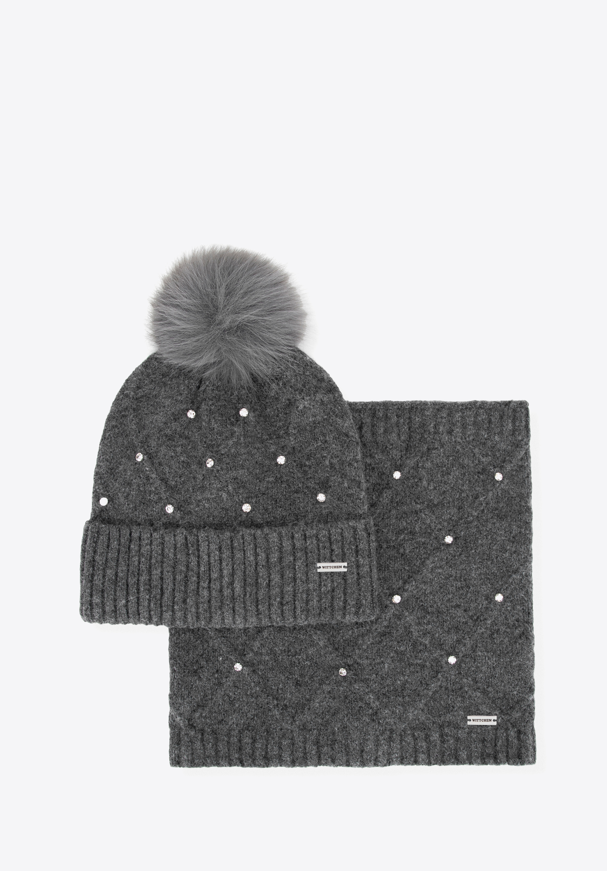 Dámská zimní sada – čepice a šátek s křišťálovými ozdobami, šedá, 101-SF-206-8, Obrázek 1